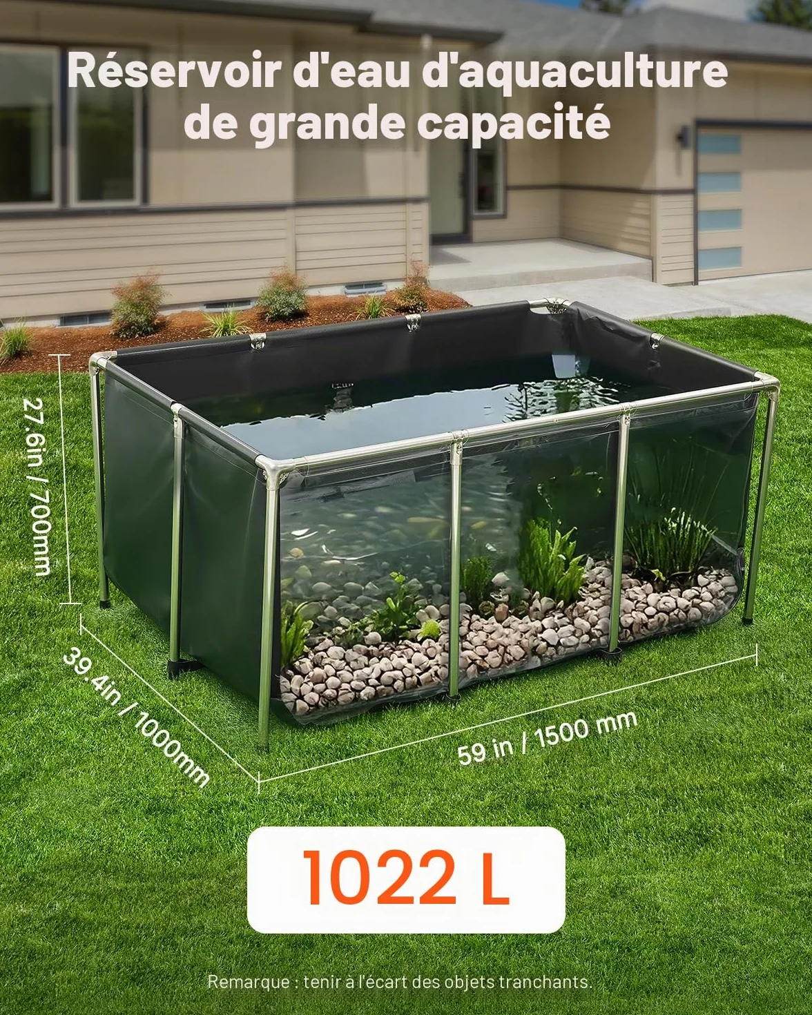 VEVOR Bassin à Poissons Hors Sol 1023,3 L PVC Toile avec Panneau Transparent Cadre Acier Inoxydable Vanne de Vidange Noir