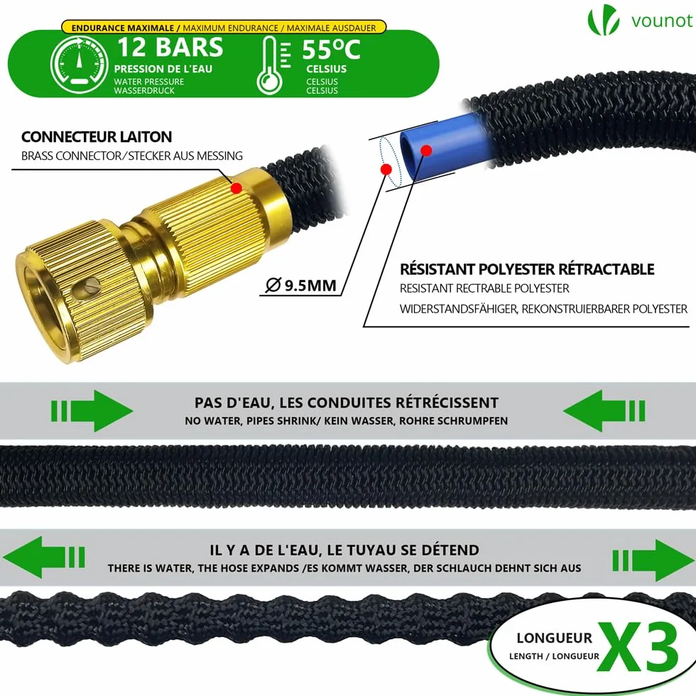 VOUNOT Tuyau d'Arrosage Extensible 15m Renforcé 1/2" 3/4" 10 Modes de Pulvérisation Flexible Anti-Fuite Noir