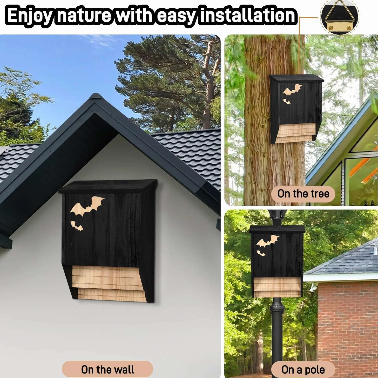 Nichoir pour chauve-souris en bois double chambre résistant aux intempéries noir