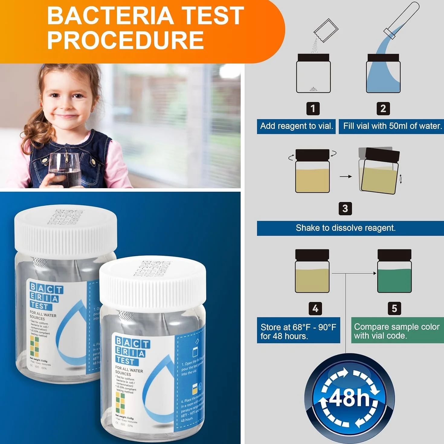 AAwipes 17 en 1 Bandelettes de Test d'Eau Potable Lot de 50 + 2 Kits de Test de Bactéries K03-50