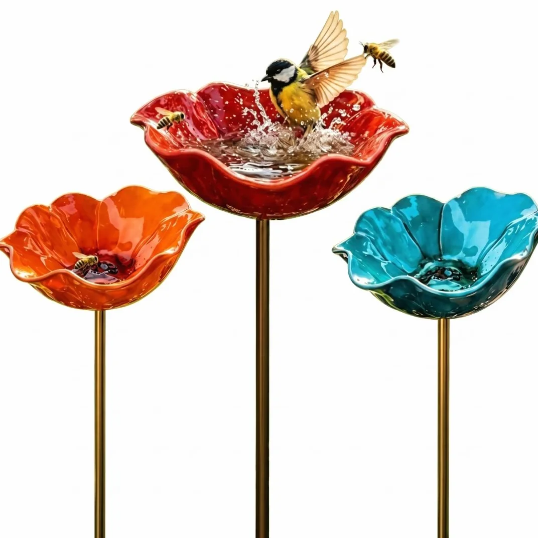 Lot de 3 piquets de Jardin en métal pour Fleurs, Bain d'oiseaux, Multifonctions Extérieur, Bleu, Orange, Rouge