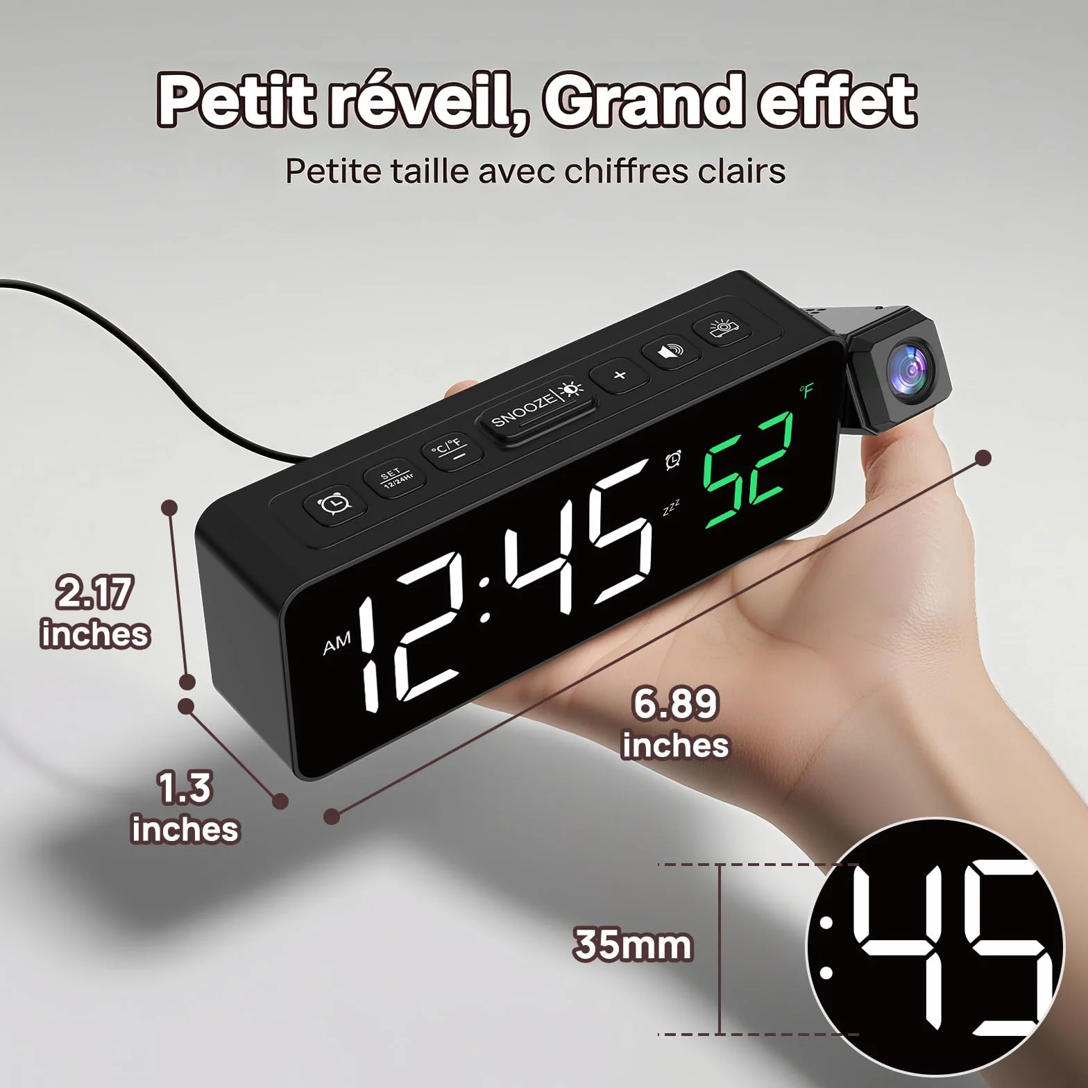 Réveil numérique avec projecteur 180°, température, écran LED, 4 niveaux luminosité, snooze 9 min, 12/24H, Blanc