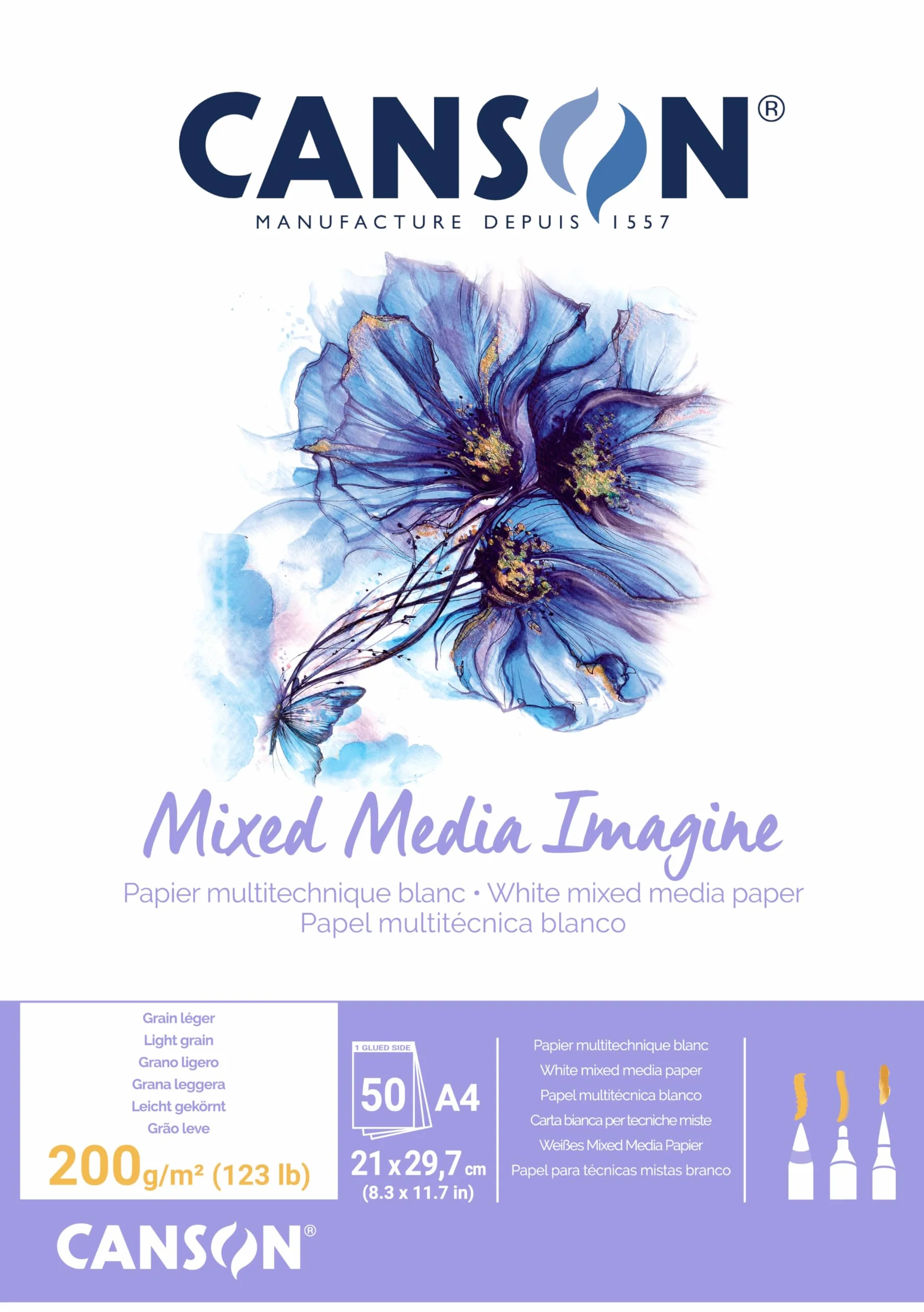 CANSON Imagine Bloc Papier multitechnique A4 200g/m² Grain léger Blanc 50 feuilles