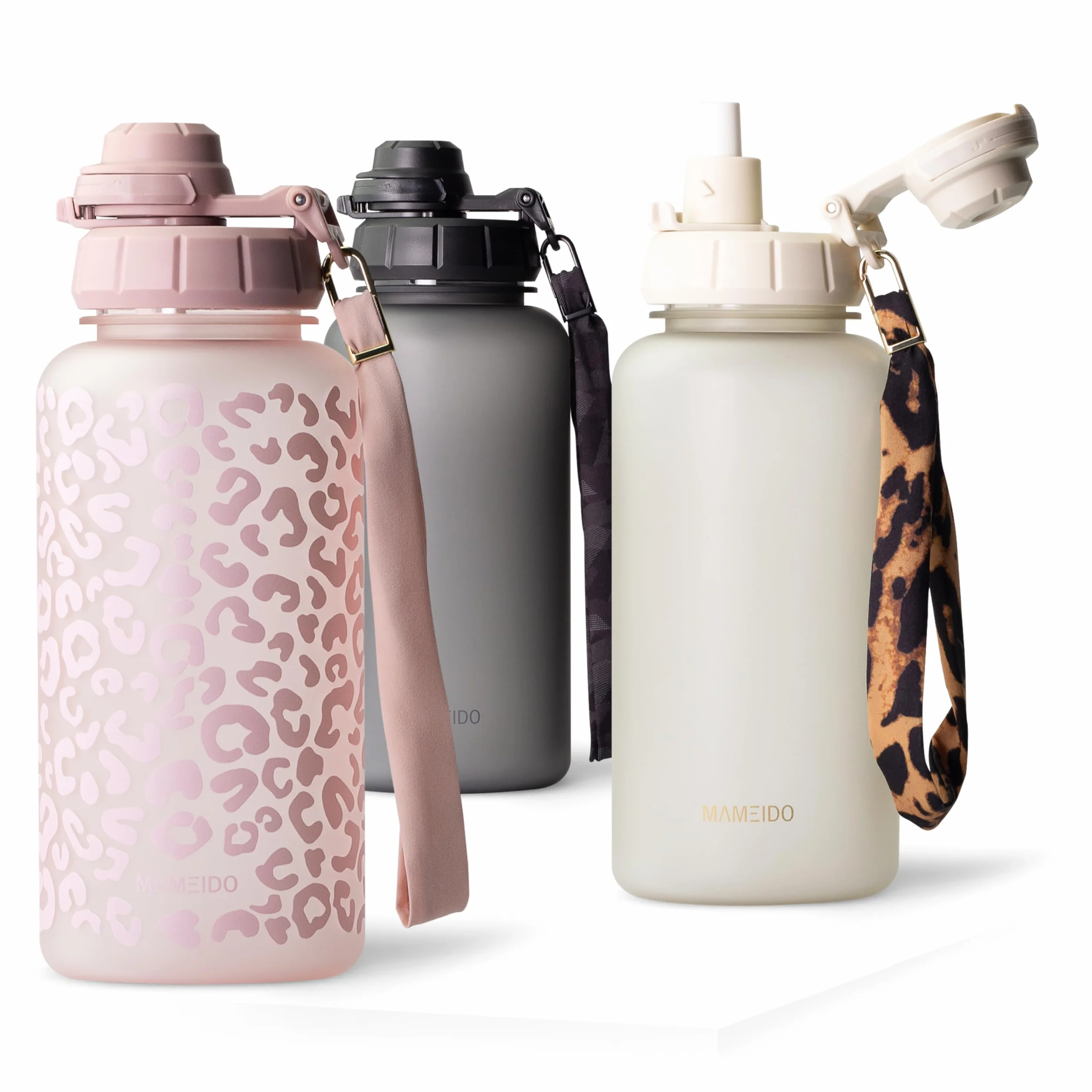 MAMEIDO Gourde avec Paille 1 l, Marqueur de Temps de Motivation, Gourde Sport avec Dragonne, Gourde étanche, Bouteille d'eau sans BPA, Water Bottle (Wild Candy)