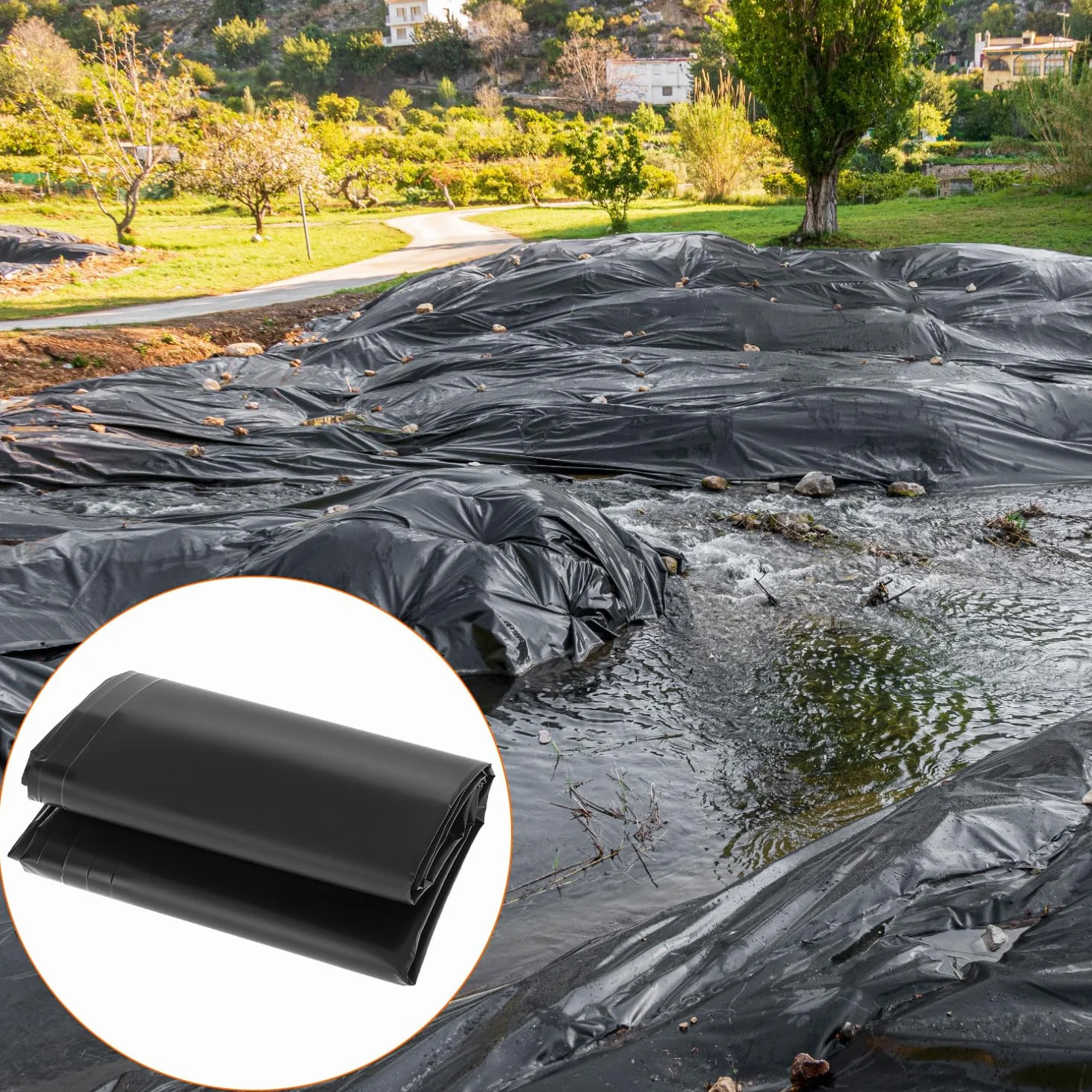 QWORK Bâche de Bassin en PVC 2 m x 2 m Noire PEHD pour Étang