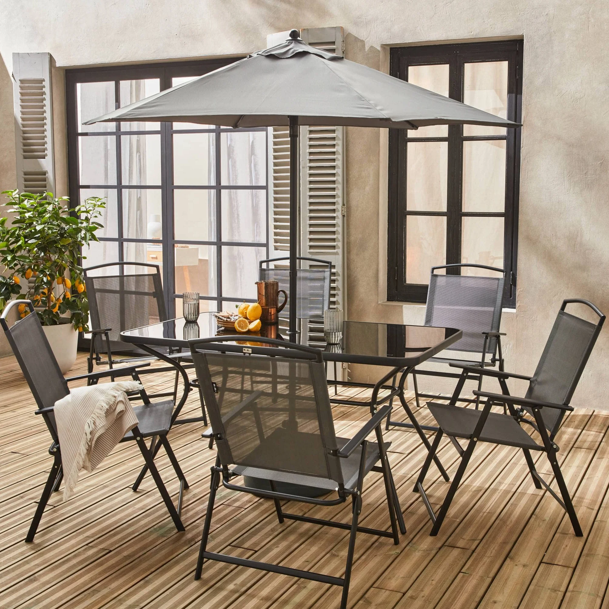 Alice's Garden Table de Jardin Acier Parasol 6 Assises Anthracite Anti Rouille