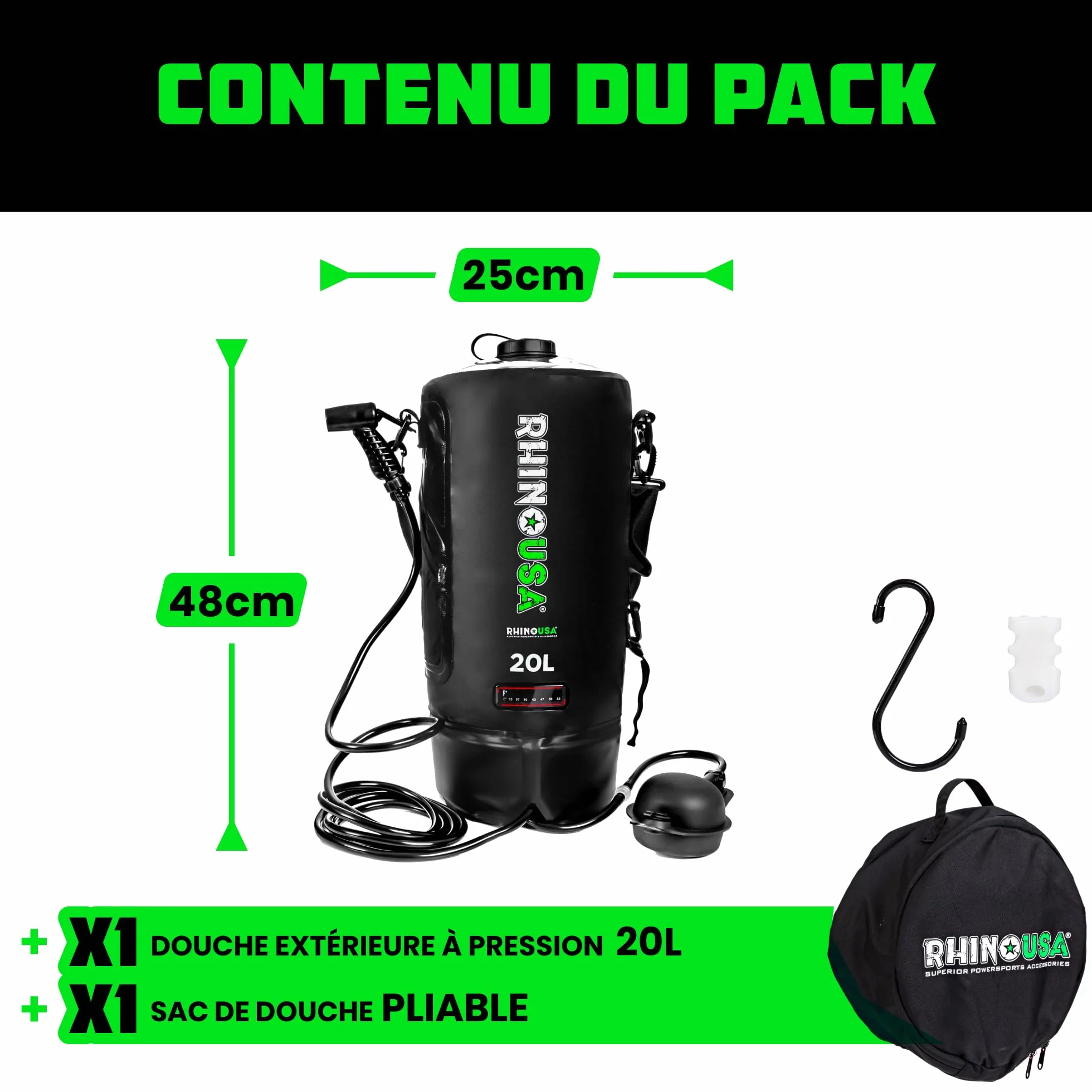 Rhino USA Douche solaire portable de 20 L - Indispensable pour le camping, les festivals, les voyages à la plage, la douche en plein air et plus encore