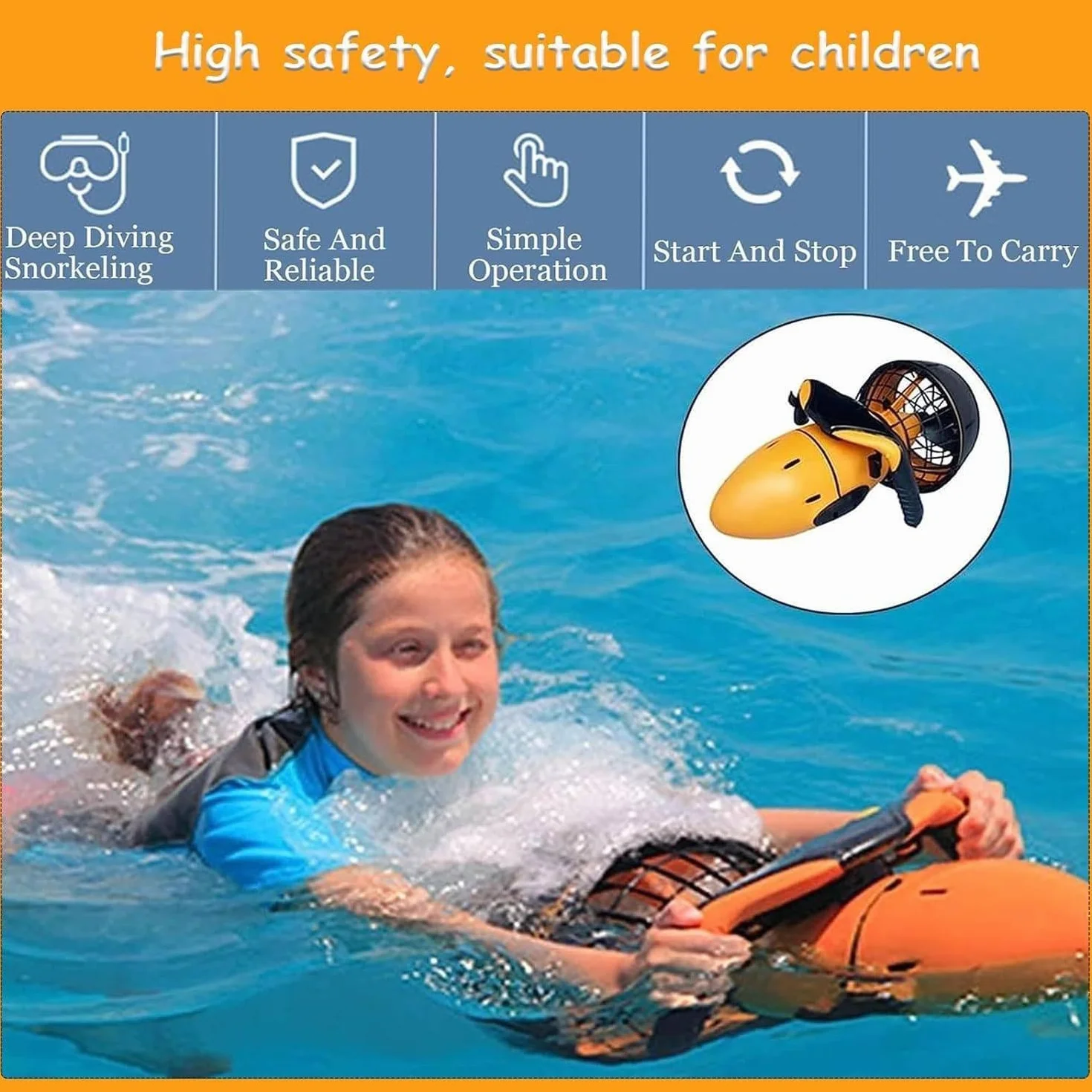 Scooter aquatique pour adultes et enfants,propulseur de natation et de plongée,scooter sous-marin, ensemble de propulseurs sous-marins, scooter de mer de plongée avec tuba,Orange