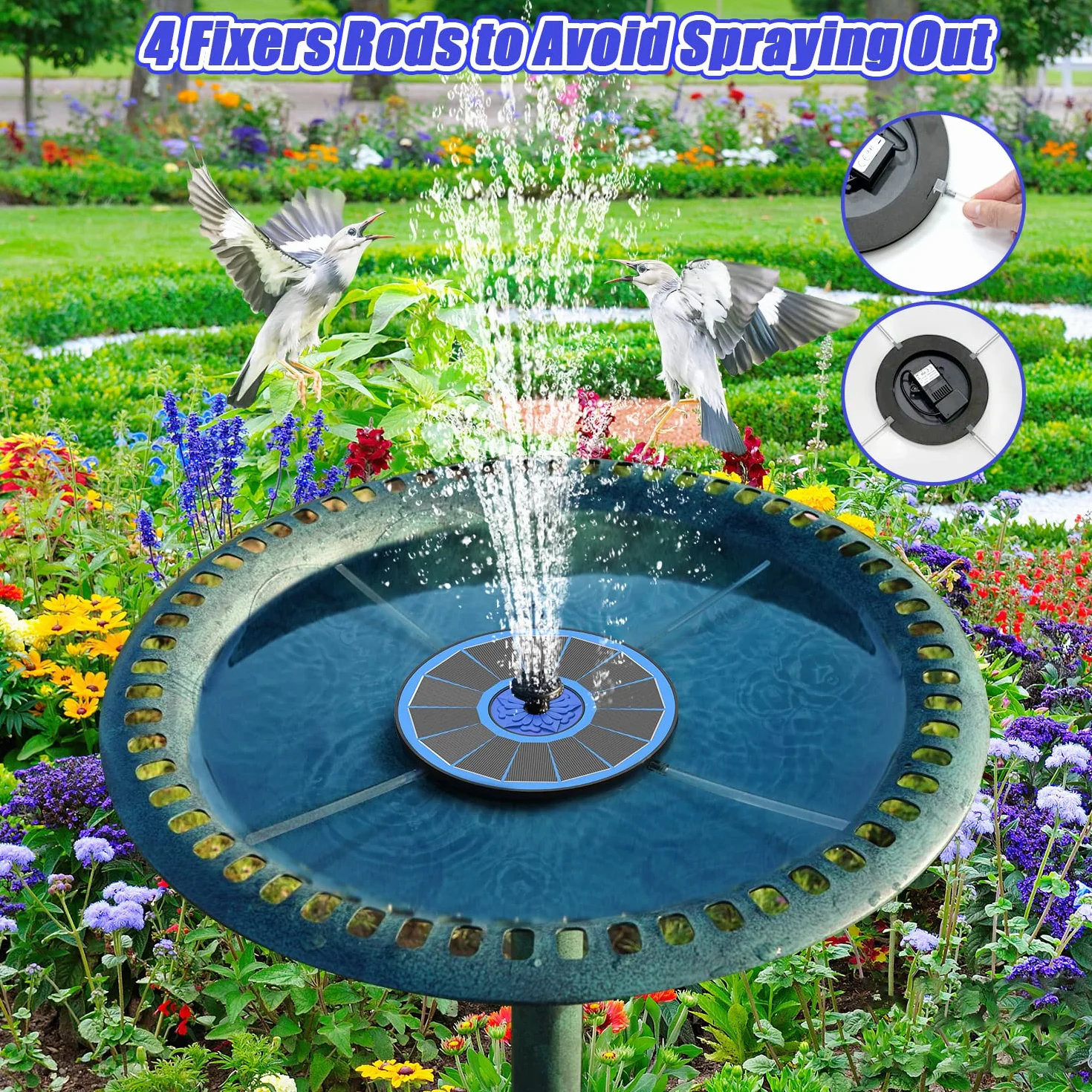 Fontaine Solaire Exterieure 3.5W Pompe Bassin avec 8 Buses 4 Tiges Fixes pour Bain d'oiseaux Étang Jardin
