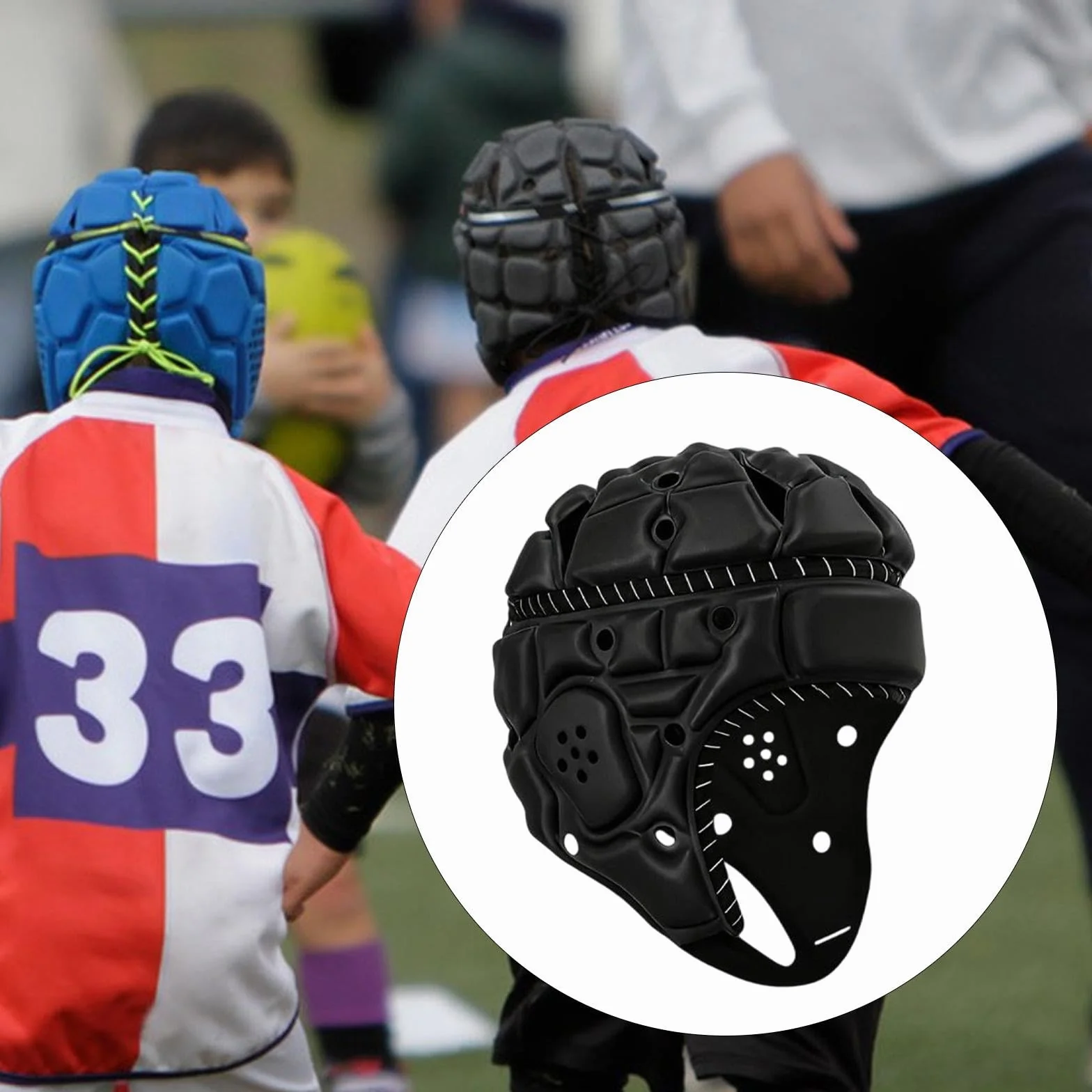 Casque Rugby Adulte Homyl avec Rembourrage Souple Protection Antichoc Ajustable Bandes Réfléchissantes Mousse EVA Polyester