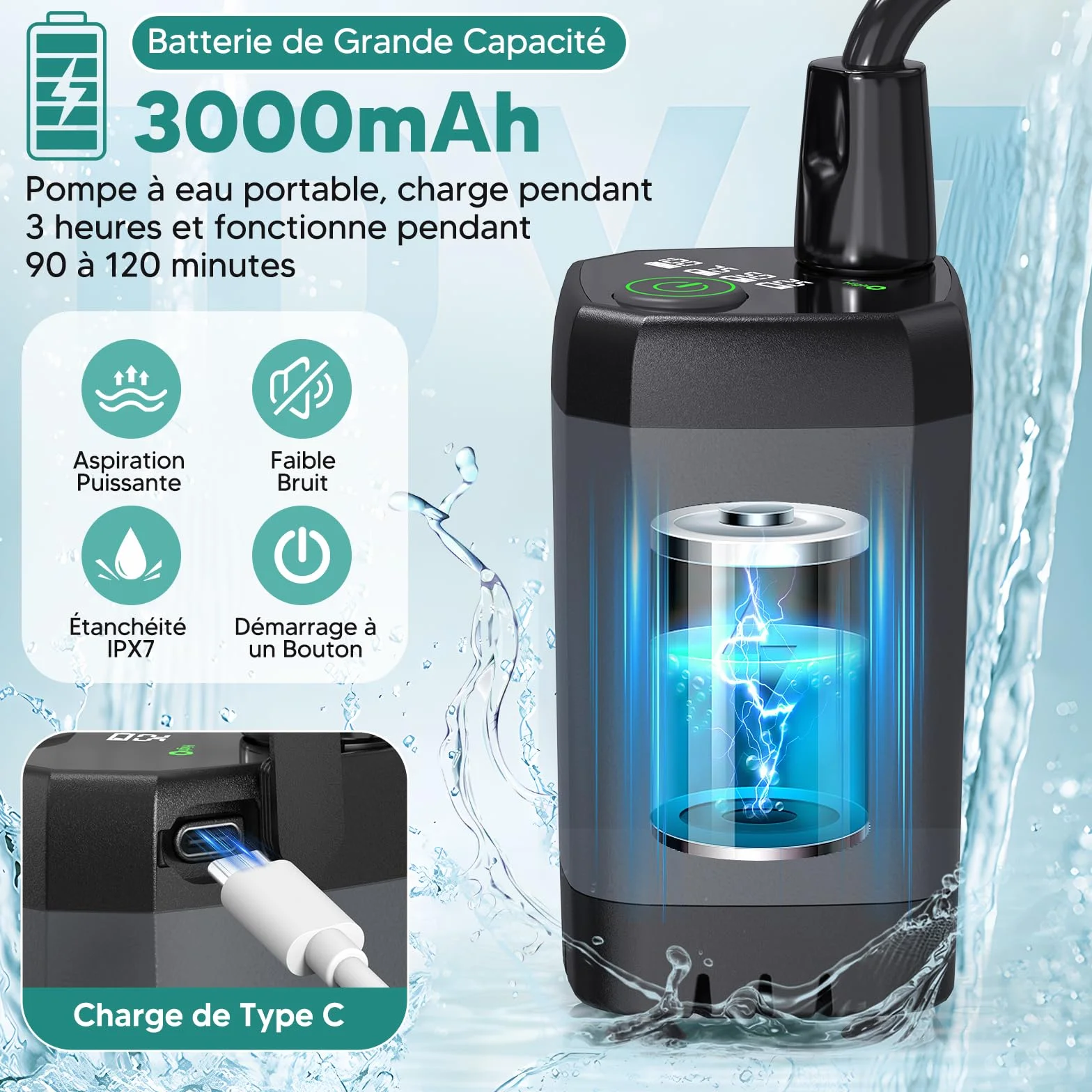 ShinePick Douche Camping, Douche Portable 3000mAh Rechargeable Avec écran LED Intelligent 3 Modes de Douche IPX7 Etanche Convient pour le Camping, l'extérieur, La Voiture, Les Animaux Domestiques