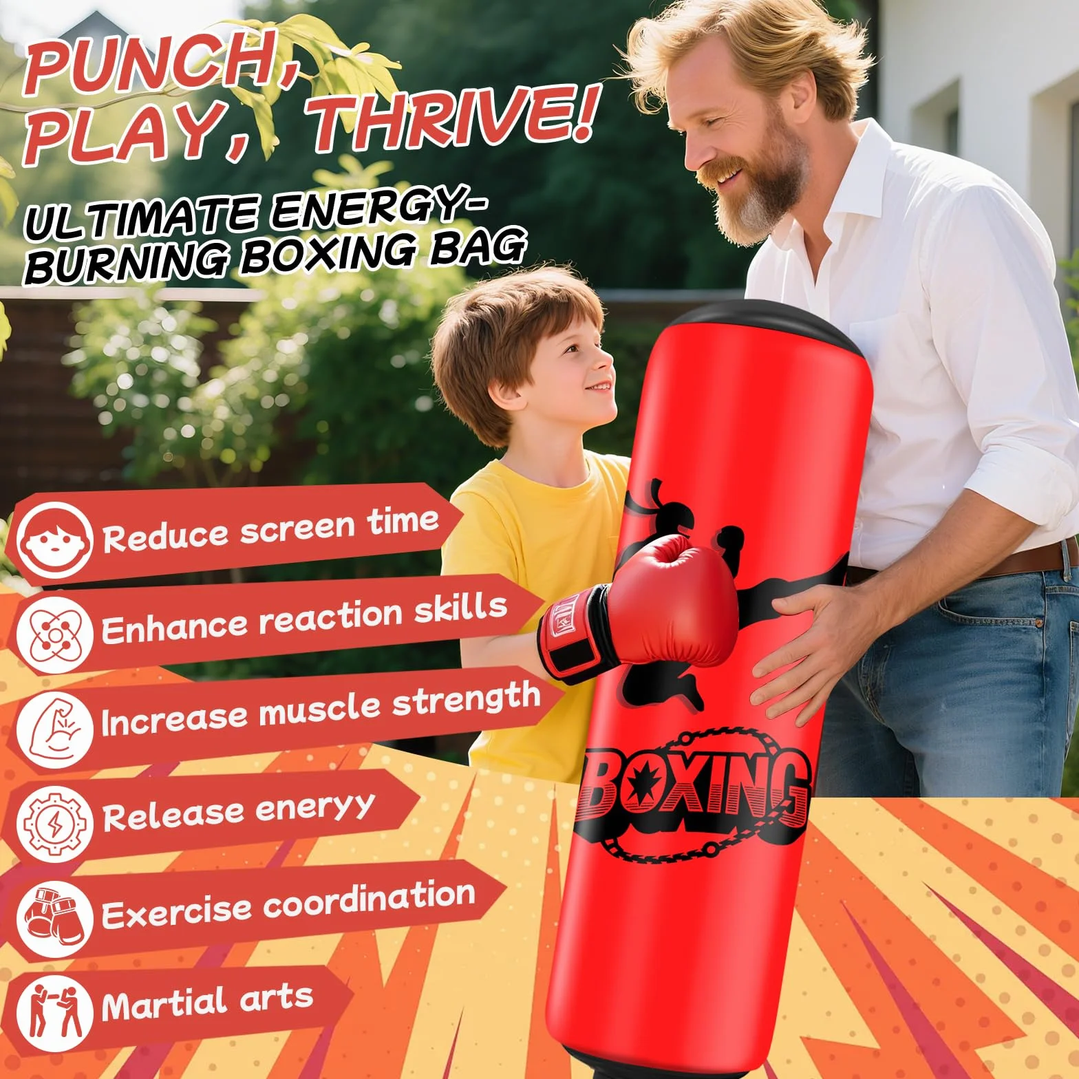 Sac de Frappe Enfant 160CM Ninonly Punching Ball Enfants avec Gants de Boxe Ultra-Résistant PVC Gonflable Sac de Boxe Cadeaux pour GarçOns et Filles 3-12 Ans pour Pratique du Karaté, Taekwondo