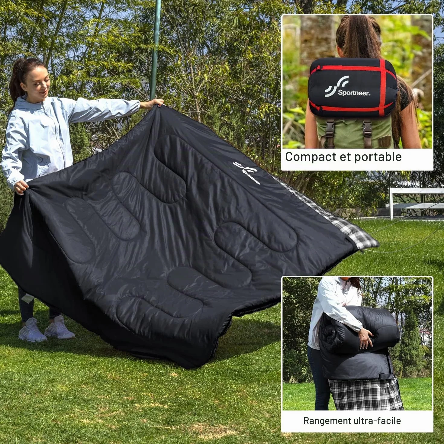 Sportneer Sac de couchage double extérieur 2 personnes 3 saisons 220 x 150 cm 2,75 kg avec 2 oreillers