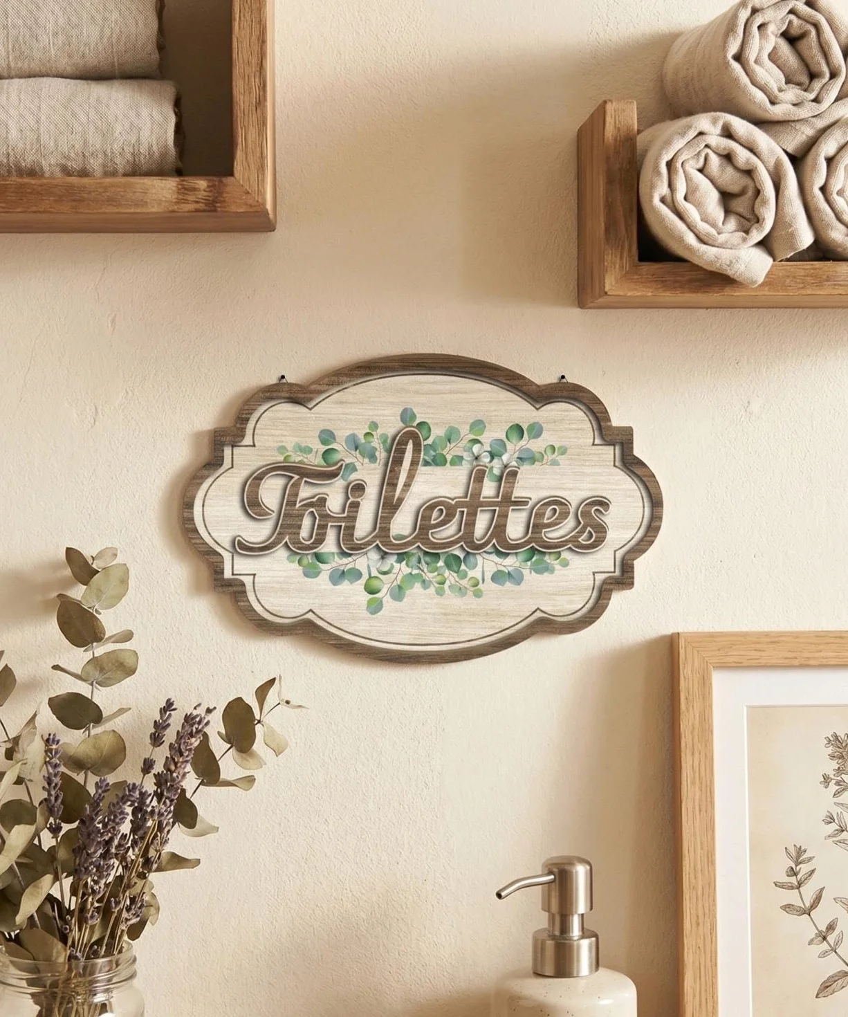 Plaque Murale Toilettes Eucalyptus Décoration Style Rustique MDF Salle de Bain