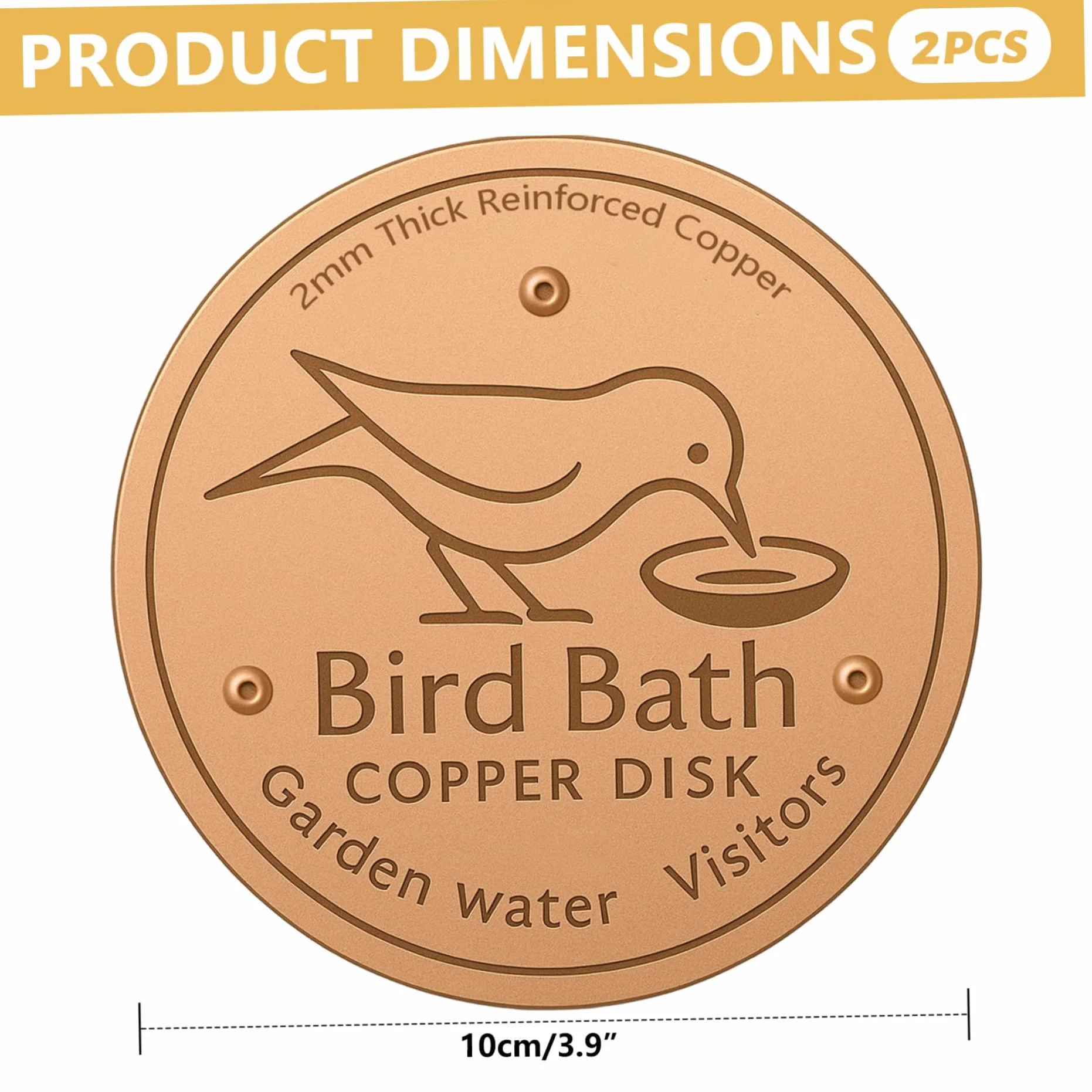 Disque en cuivre 10 cm pour Bain d'oiseaux, Purification, Conception Stable à 3 Points, cuivre renforcé 99,9%