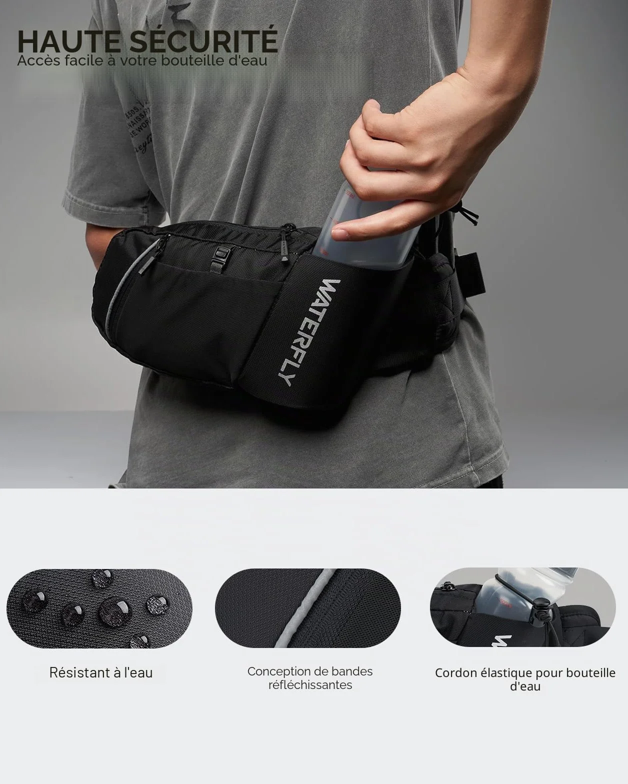Waterfly Sac Banane Homme Femme: Ceinture de Course avec Porte Bouteille Unisexe Bumbag avec 5 Poches Petite Sacoche Banane de Sport pour Randonnée Cyclisme Balade Ville Vacances Noir