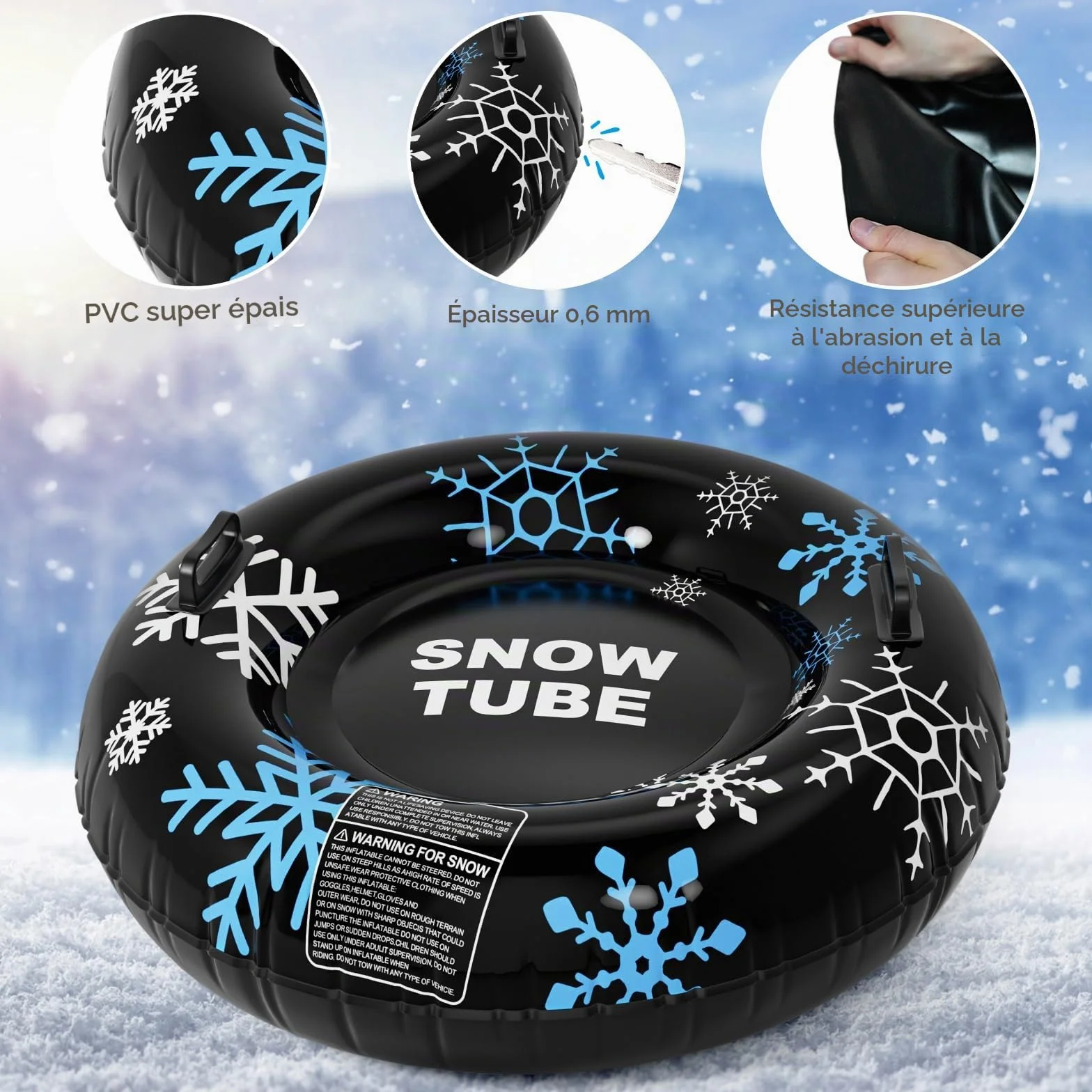 Tube à Neige, Tube à Neige Gonflable de 120 cm avec poignées, Luge Gonflable Robuste de 0,6 mm d'épaisseur pour Enfants Adultes, Jeux de Neige en Plein air d'hiver, Ski, Patinage, Luge