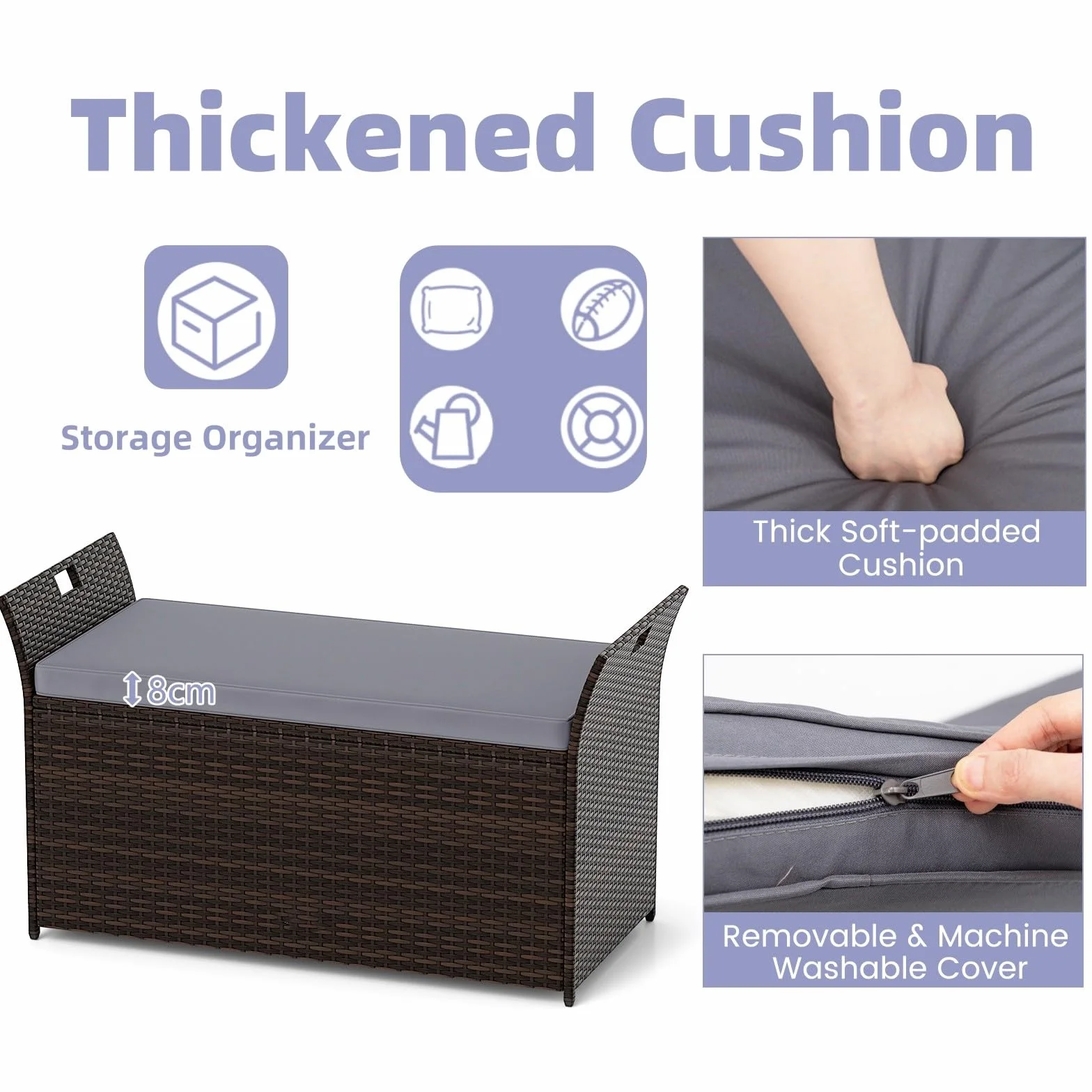 LIFEZEAL Banc Coffre de Rangement en Rotin PE 260 L avec Coussin Amovible et Poignées Latérales