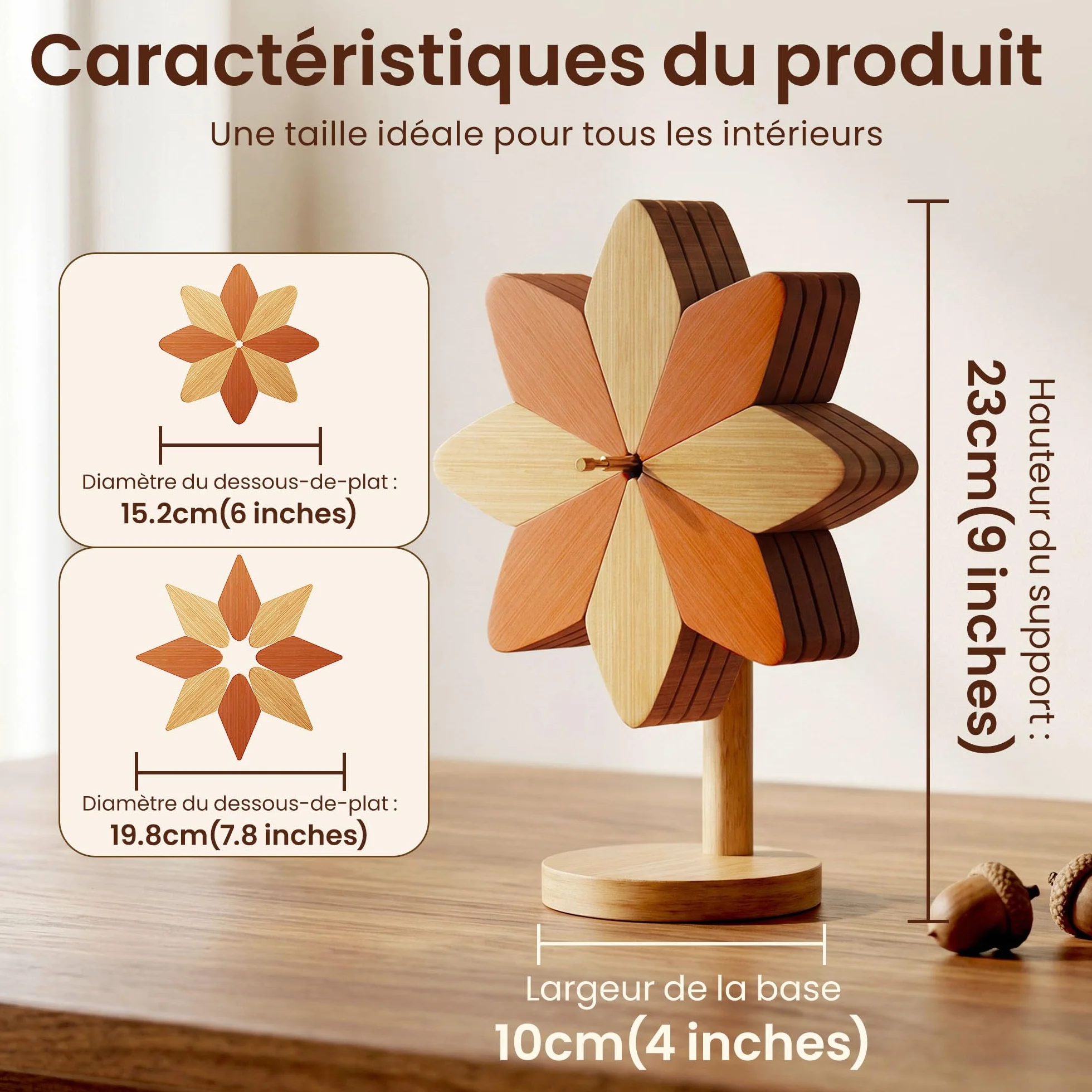 Dessous de Plat Isolé en Bois et Bambou Marron Beige 15cm Résistant Plats Chauds Décoratif Pratique