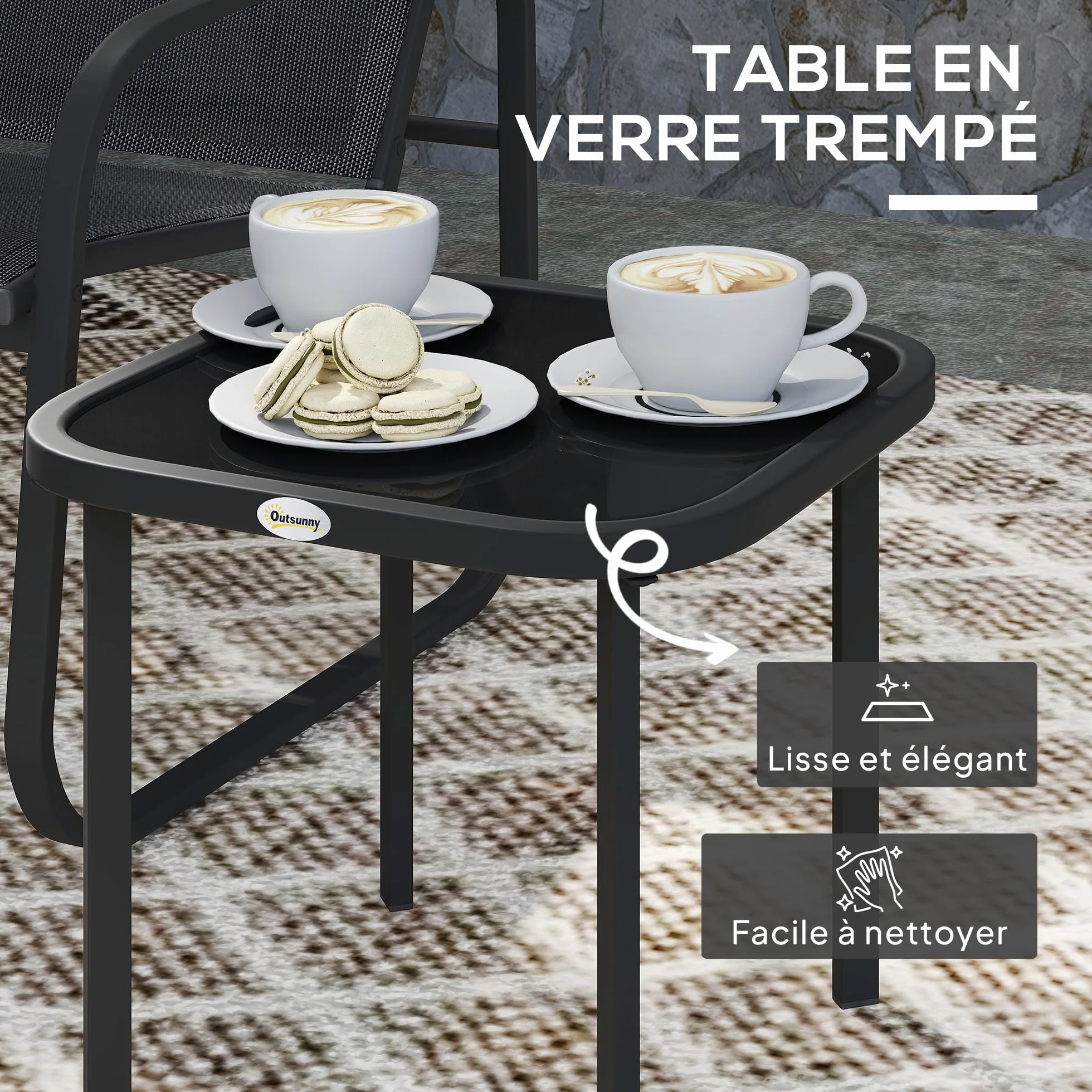 Outsunny Ensemble Bistrot Jardin 3 Pièces, Salon Extérieur 2 Personnes, Chaises Maille Table Basse Verre Trempé Noir