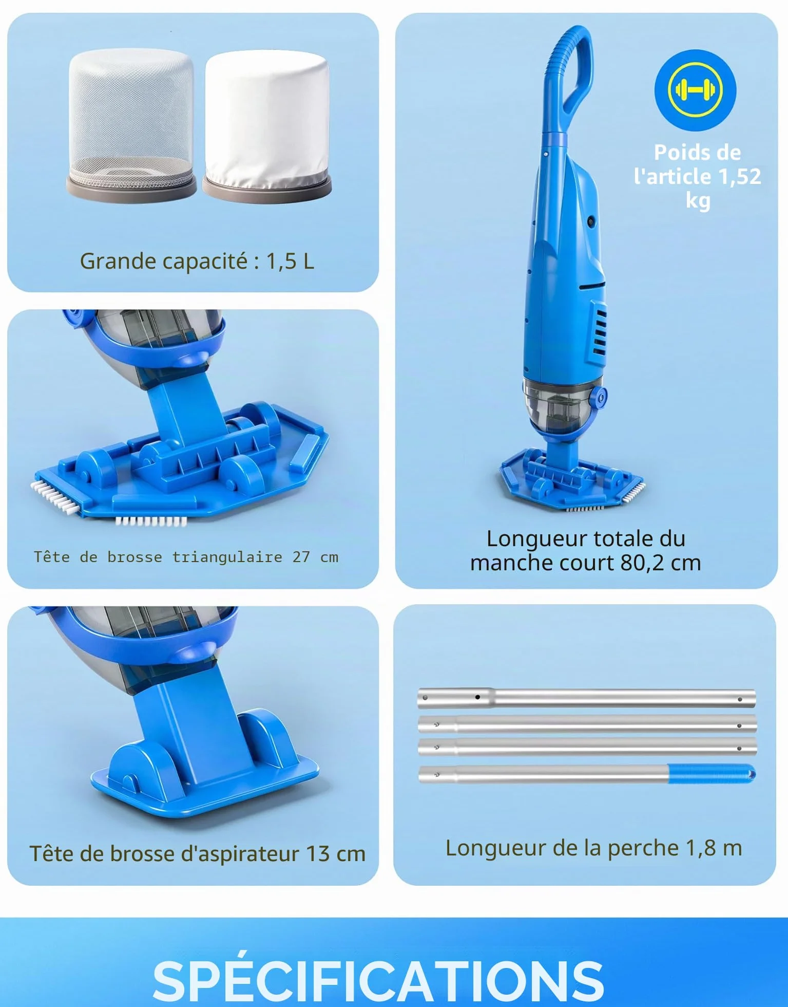 LanBlu Aspirateur Piscine Sans Fil 2.5m 4200L/H Manuel avec Tige Télescopique 4 Filtre