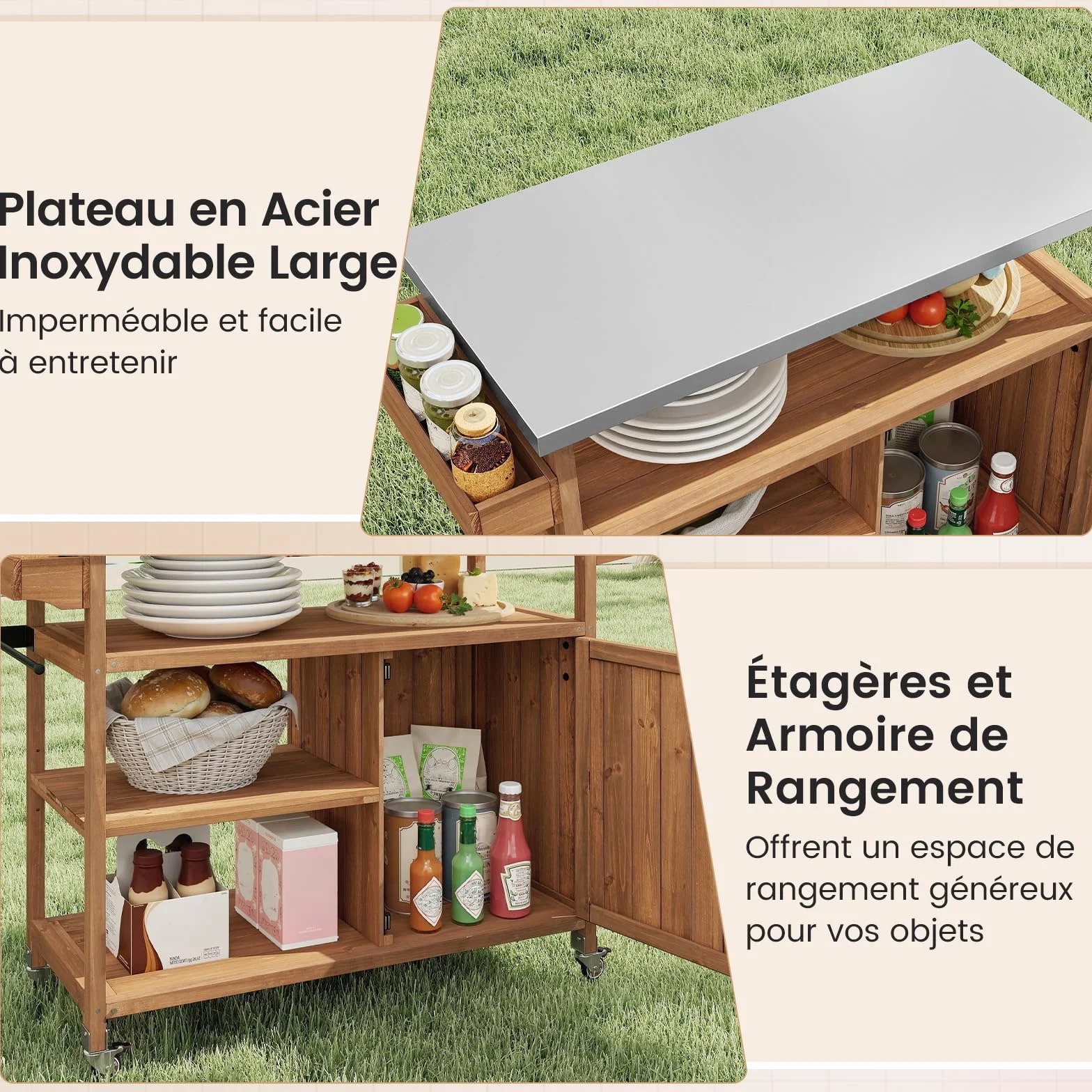 COSTWAY Chariot d'Extérieur en Bois avec Rangement, Meuble de Préparation BBQ avec Plateau 3 Étagères Ouvertes & Armoire