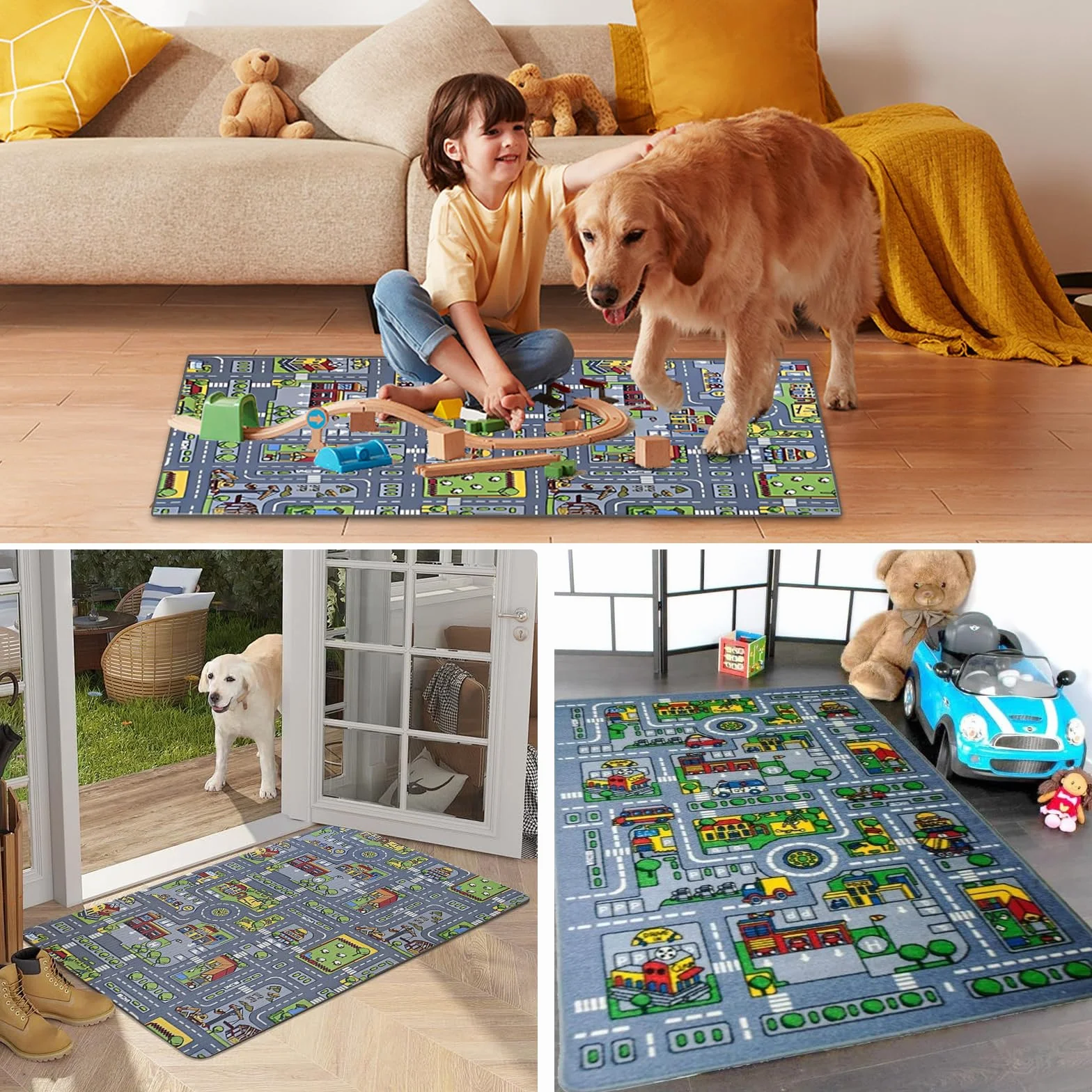 Tapis Voiture Enfant 50 x 80 cm Antidérapant Chambre Fille et Garçon Salle de Jeux