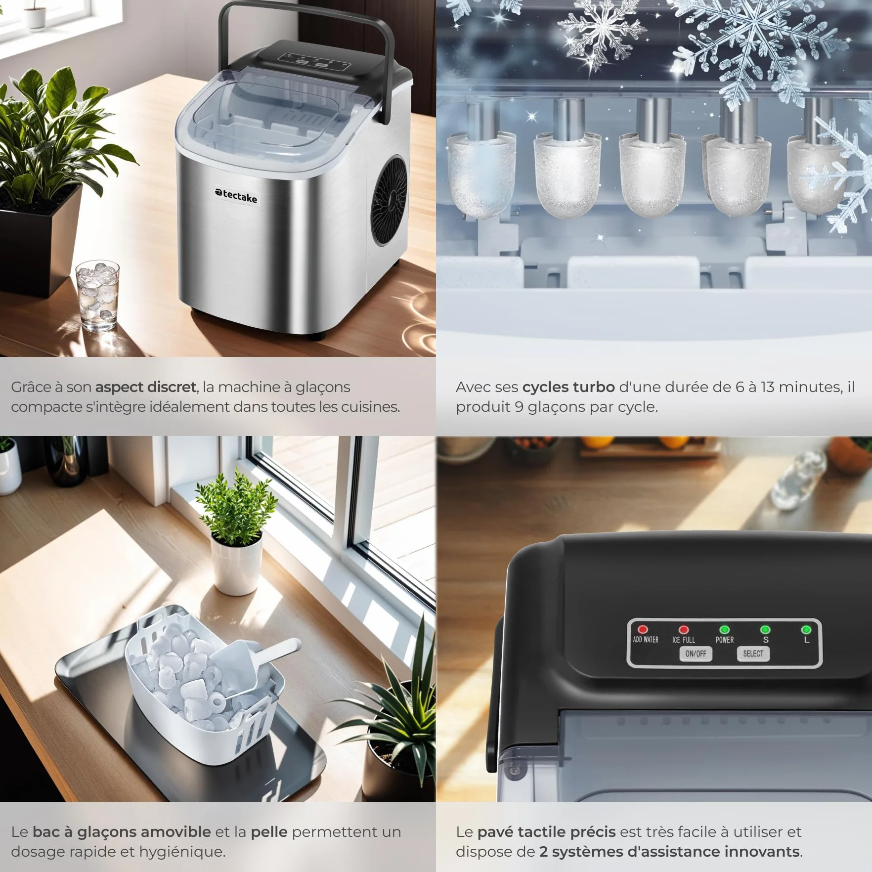 Machine à glaçons Silencieuse 9 glaçons par cycle 6-13 minutes Écran tactile Ice Maker