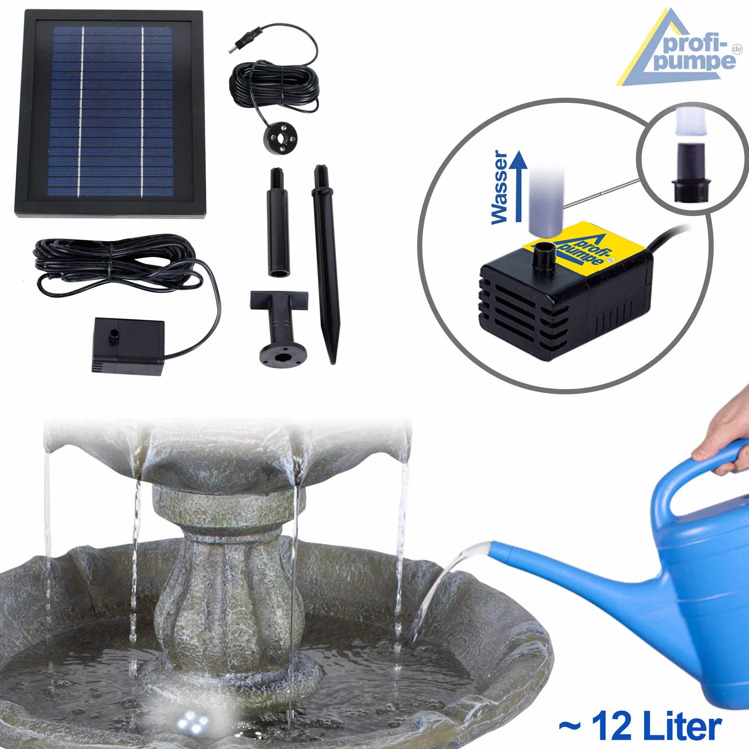 Fontaine De Jardin Solaire 113cm avec Batterie Li-ION et Lumières LED Pompe pour Jardin