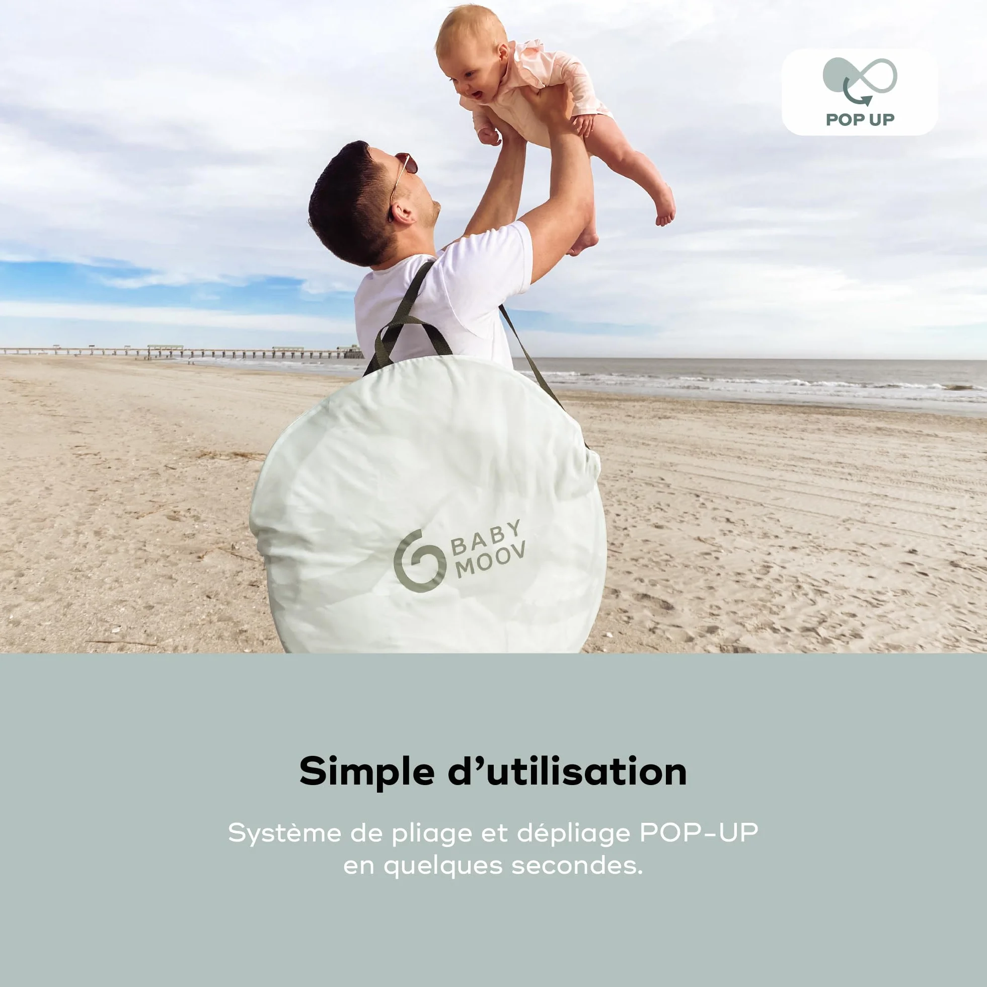 Babymoov Tente Anti-UV Bébé Rafraichissante Moov & Protect - Haute protection Anti-UV UPF 50+ - Système Pop Up - Grande Tente de plage - Moustiquaire à Maille Fine, Green Lagoon
