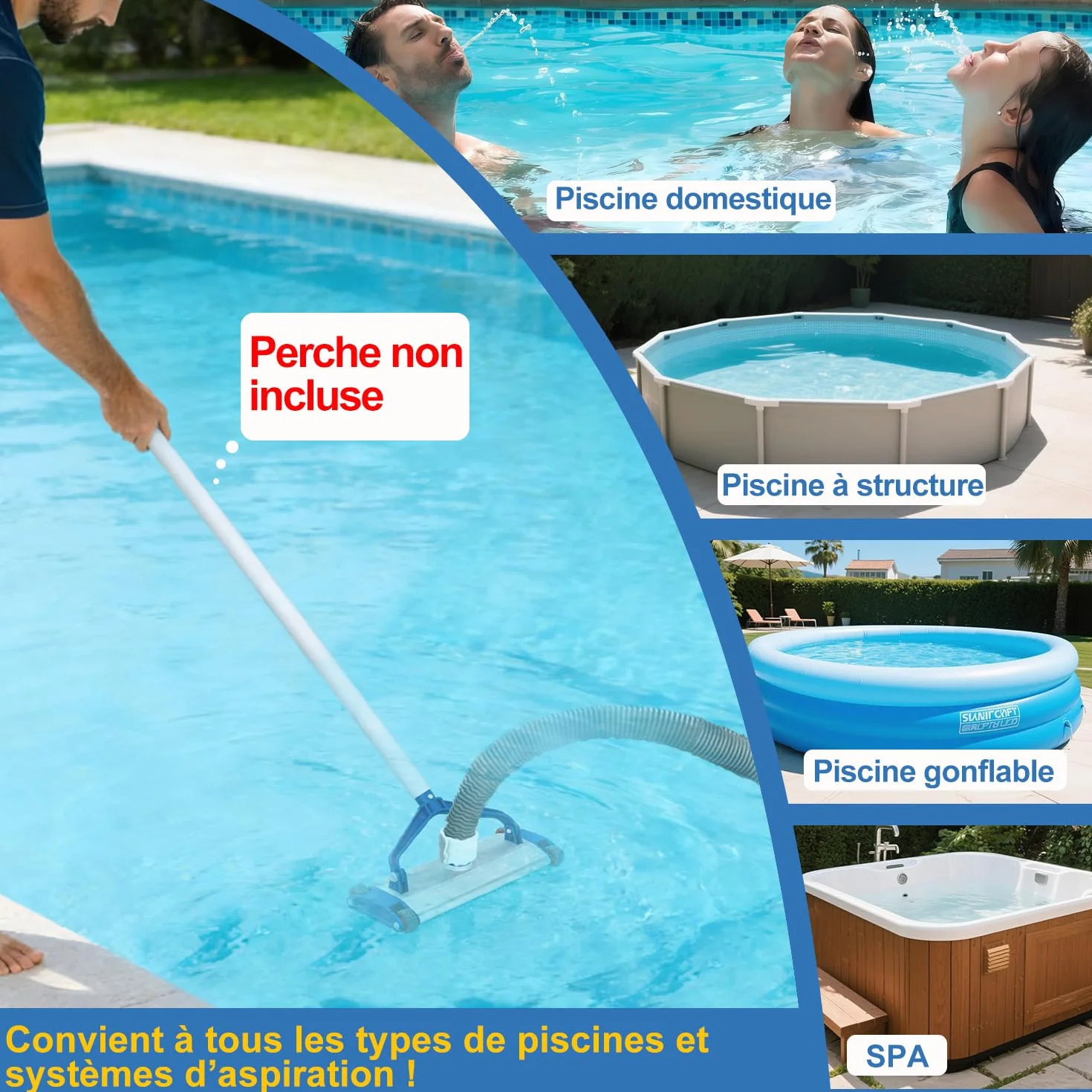 Brosse de Piscine Aluminium 34 cm avec Raccord d'Aspiration 4 Roues 2,2 kg pour Tuyau 38 mm