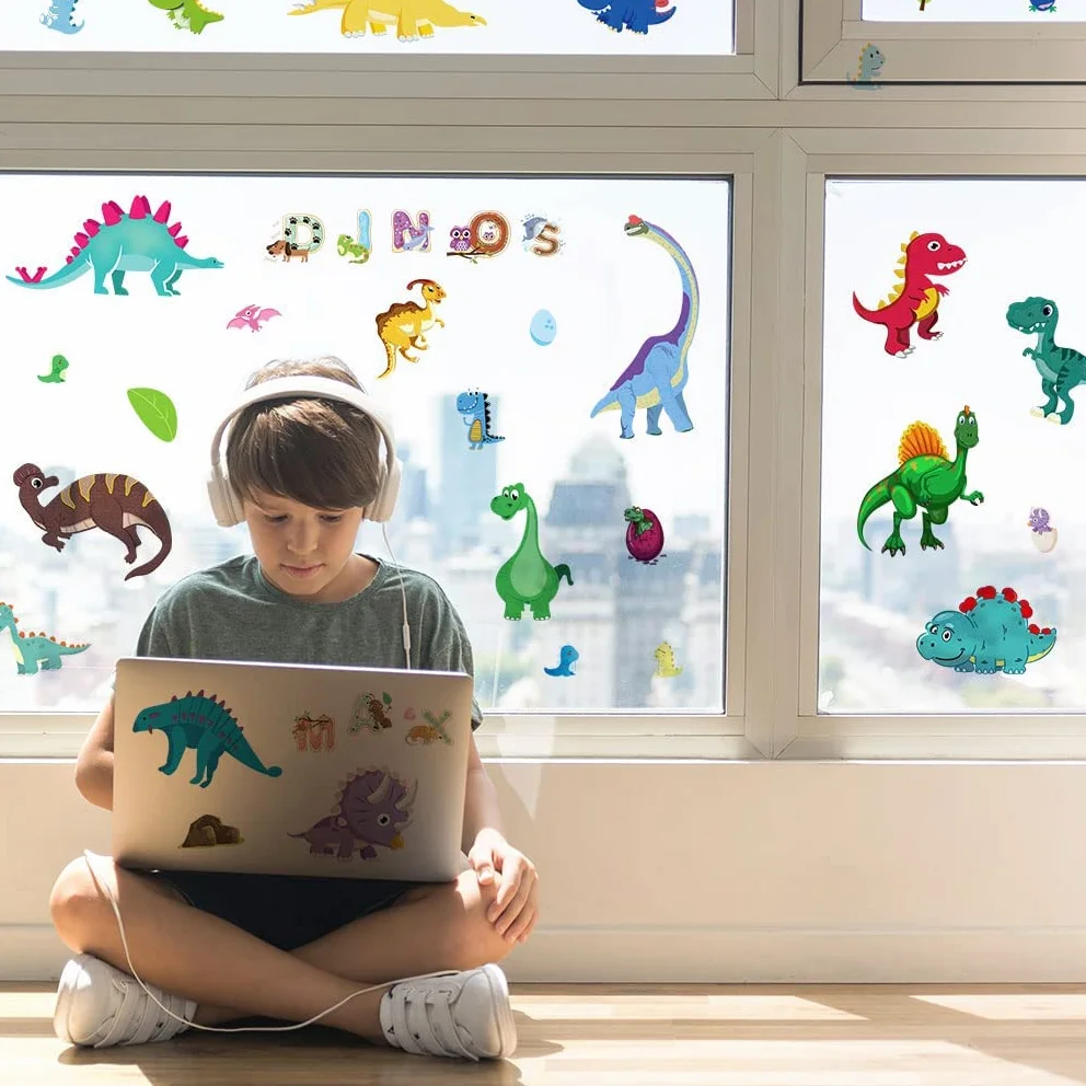 Stickers fenêtre enfant DINOSAURE LETTRES réutilisable 70 pièces autocollant vitres décoratifs animaux jungle