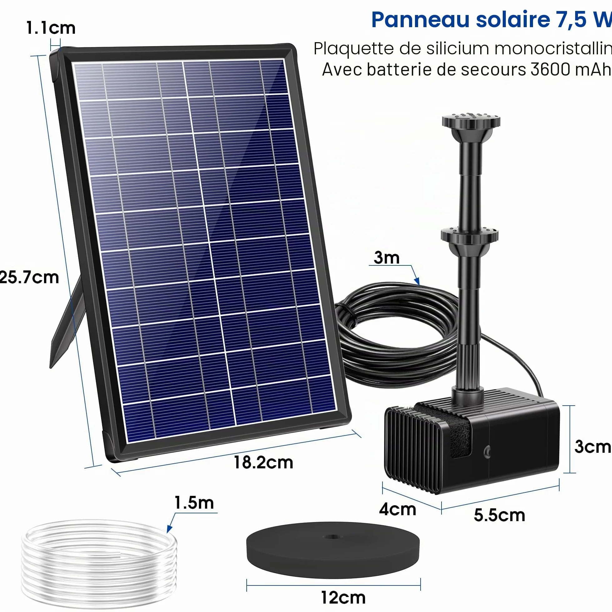 Fontaine Solaire Bassin Jardin 7.5W Pompe à Eau Extérieure 3600 mAh Batterie 139GPH 1.5M Tube 10 Buses DIY