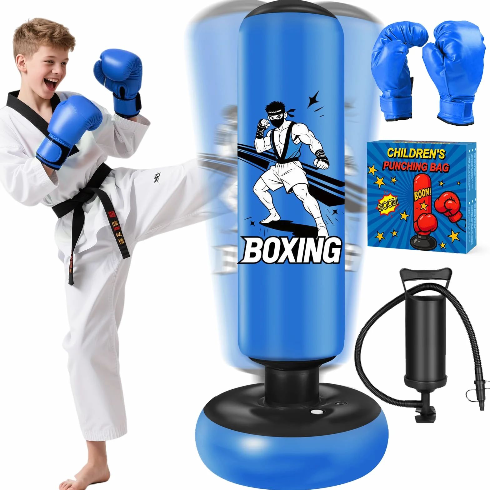 Sac de Boxe pour Enfants, avec Gants de Boxe, 168cm Gonflable Sac de Frappe Enfant Pratique du Karaté, Taekwondo, Cadeaux pour GarçOns et Filles