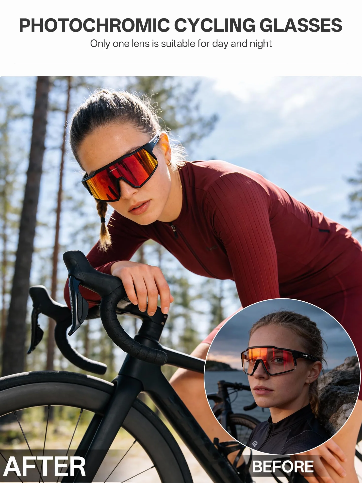 KAPVOE Lunette de Cyclisme Photochromique Homme Femme Tr90 Cadre Lunette Vélo VTT Anti-UV400 Lunette de Soleil Pour Vélo Pêche Course Conduite Pêche Ski