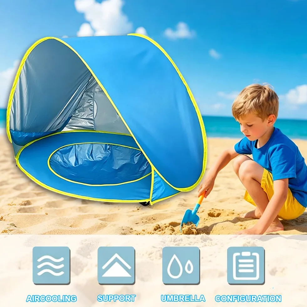 Tente Anti UV Bébé, Tente de Plage Bébé Pop-Up avec Détachable Piscine, Tente de Plage pour Bebe, UPF 50+, Facile à Installer, Portable pour Jardin, Camping Extérieur