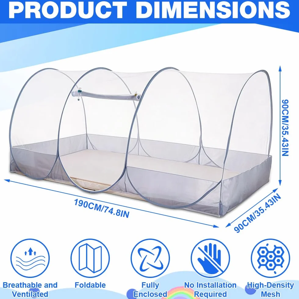 Moustiquaire pour lit, 190 x 90 x 90 cm, avec fermeture éclair, pliable, portable, pour lit, voyage, lits superposés, dortoirs, camping en plein air