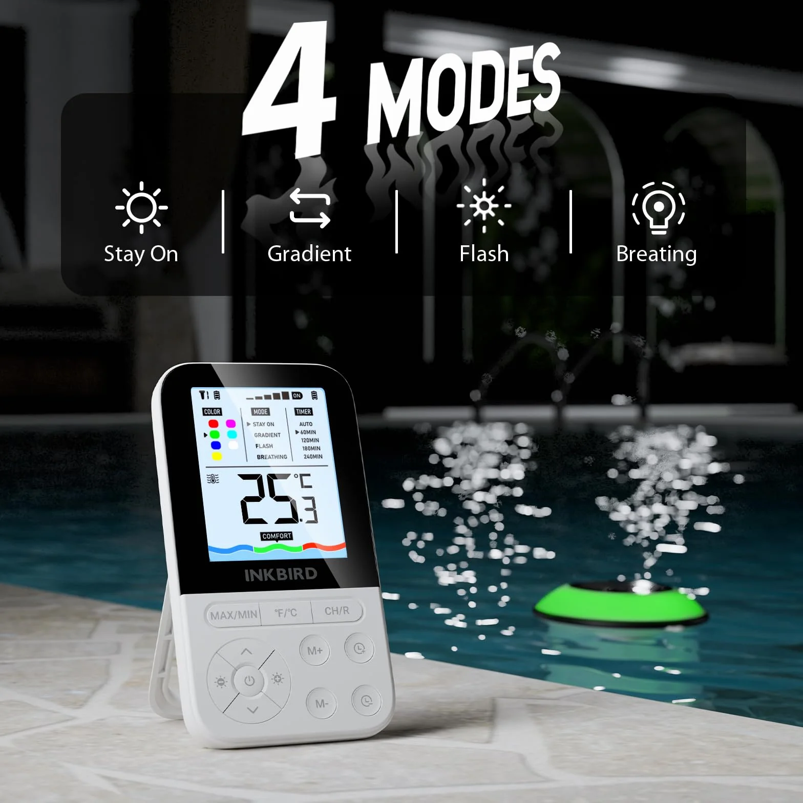 Inkbird IBS-P05R Thermomètre Piscine Solaire IP68 avec 7 Couleurs Lumière Sans Fil