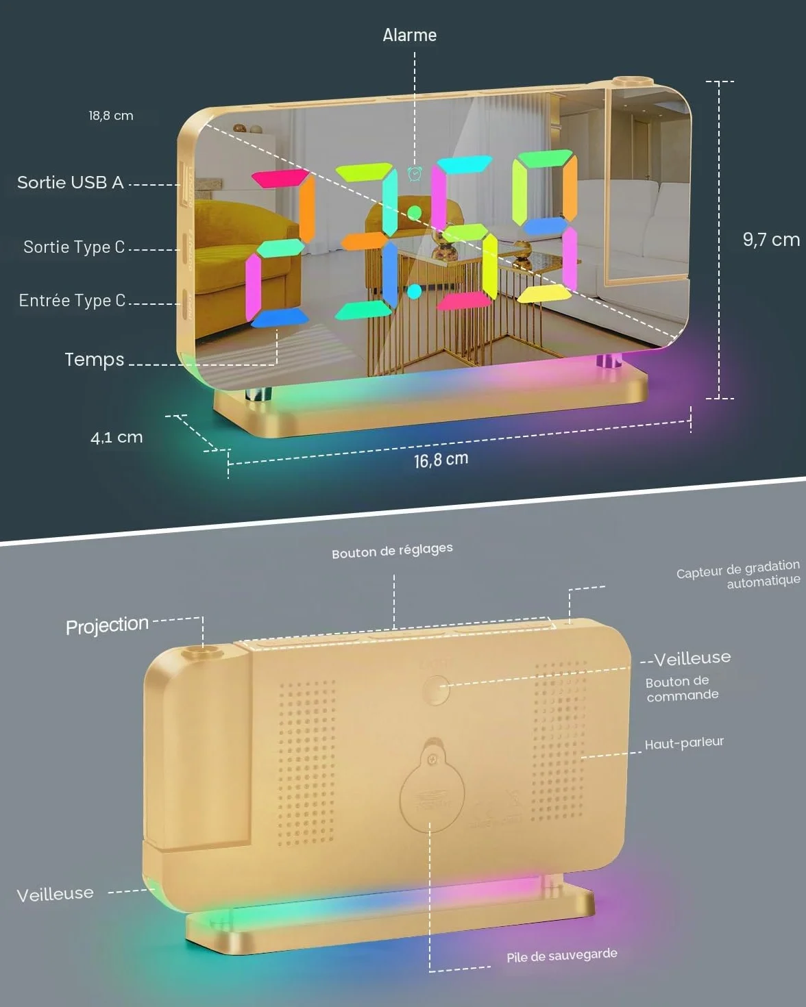 Réveil à projection Miroir LED 7,4" avec veilleuse RVB station de charge USB C projecteur rotatif 180° doré