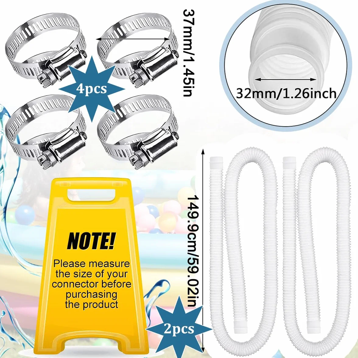 Tuyau Piscine 32mm 149,9cm avec Clips Métalliques pour Intex 330 GPH 530 GPH 1000 GPH - Paquet de 2