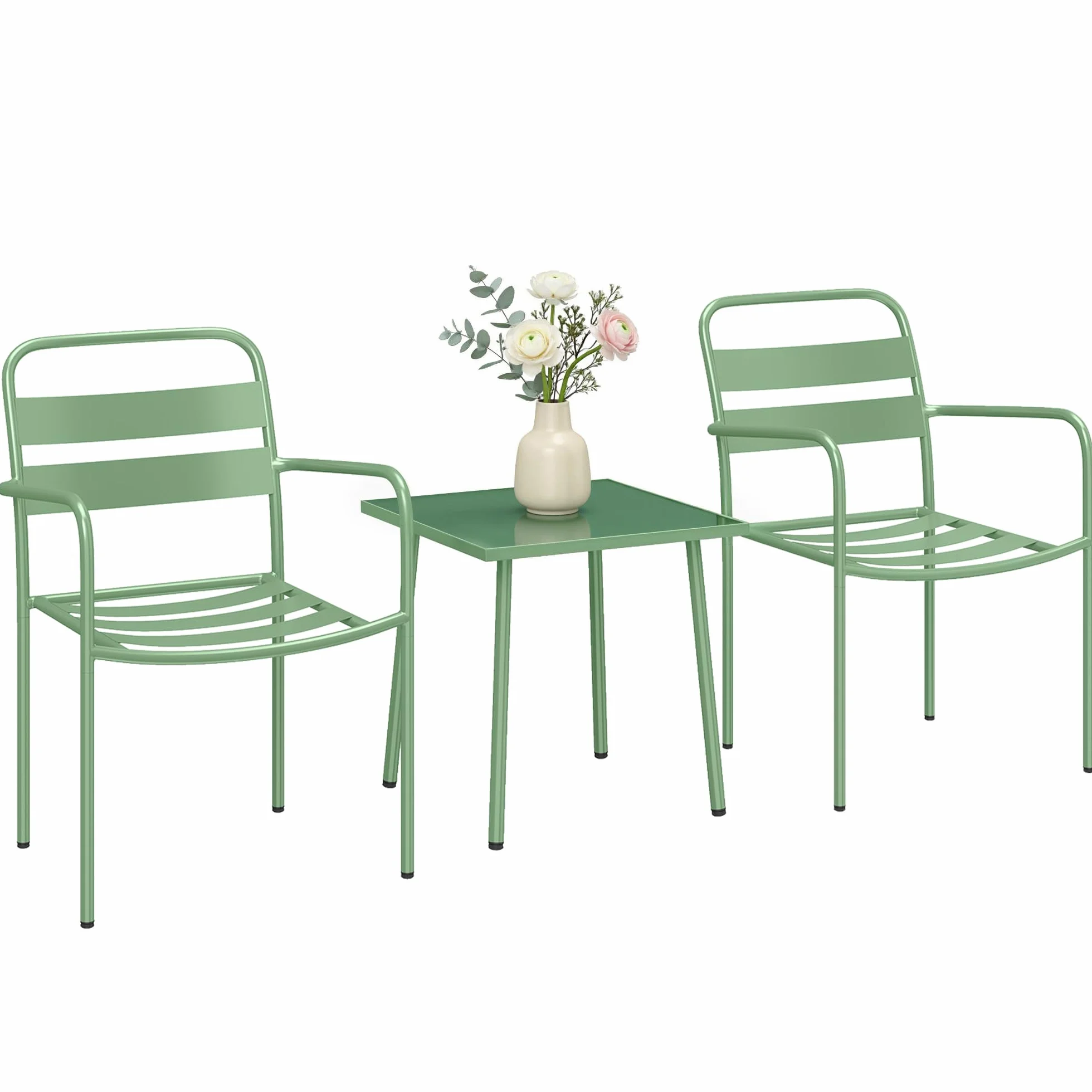 Outsunny Ensemble Bistrot de Jardin 3 Pièces - Table Basse en Verre Trempé et 2 Chaises à Lattes, Acier Galvanisé Antirouille - Mobilier de Jardin Chic, Vert