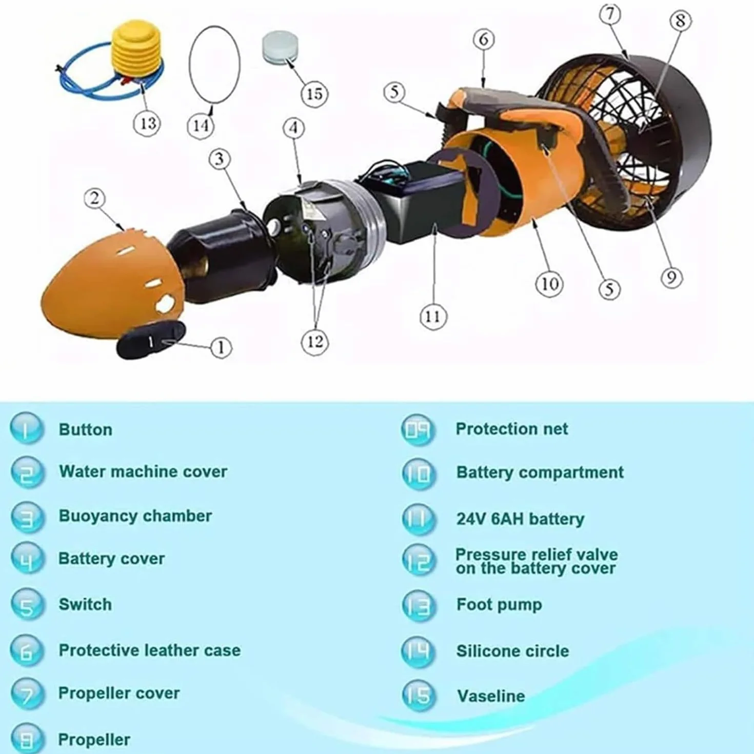 Scooter aquatique pour adultes et enfants,propulseur de natation et de plongée,scooter sous-marin, ensemble de propulseurs sous-marins, scooter de mer de plongée avec tuba,Orange