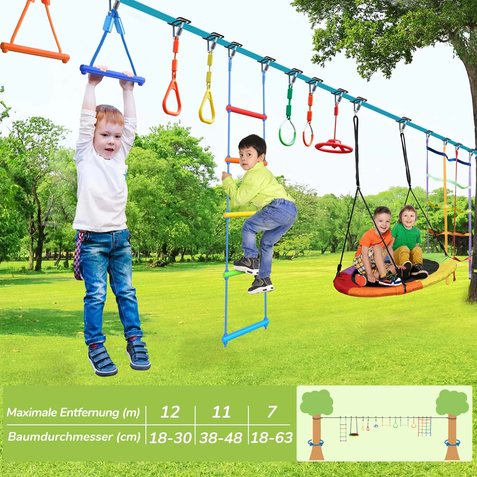 Hapfan Kit d'extérieur, pour enfant, de 15 m, avec poulie de corde, parcours ninja et balançoire, filet d'escalade, échelle d'escalade, anneau de gymnastique, protection des arbres, bleu
