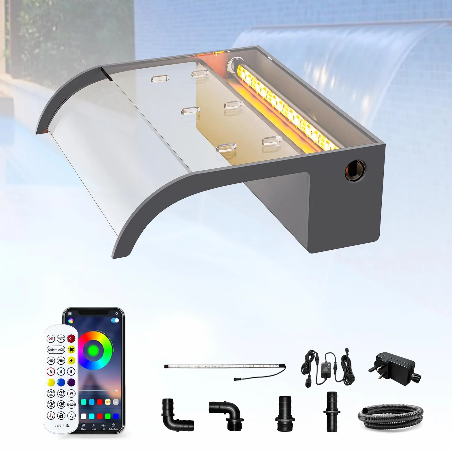 LONGRUN Kit Cascade Bassin 30cm Acrylique incurvée LED Bluetooth 7 Couleurs Télécommande Largeur 26cm