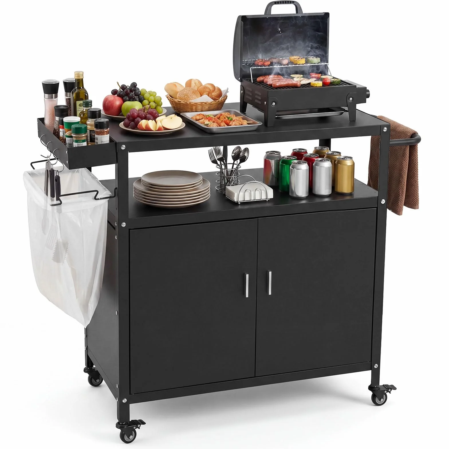 COSTWAY Chariot de Barbecue à roulettes 109 x 45 x 89 cm avec Rangement et Porte-Serviettes