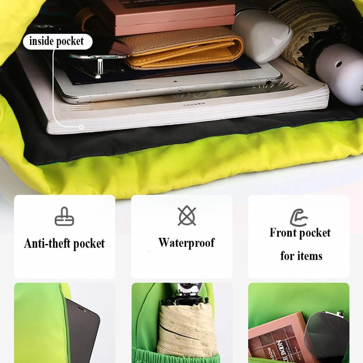 Sac de Sport à Cordon, Sac à Dos à Cordon pour Femme Homme, Sac de Gym avec Poche Zippée, Sac de Rangement pour Sport Voyage Yoga