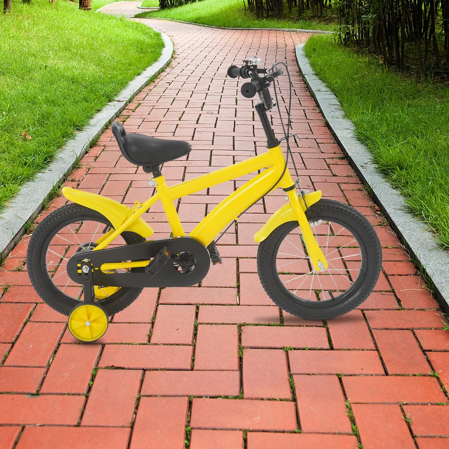Vélo pour enfant 14 pouces, avec stabilisateurs, vélo pour garçon et fille, guidon et selle réglables en hauteur, cadre léger en acier au carbone, double système de freinage, garde-boue