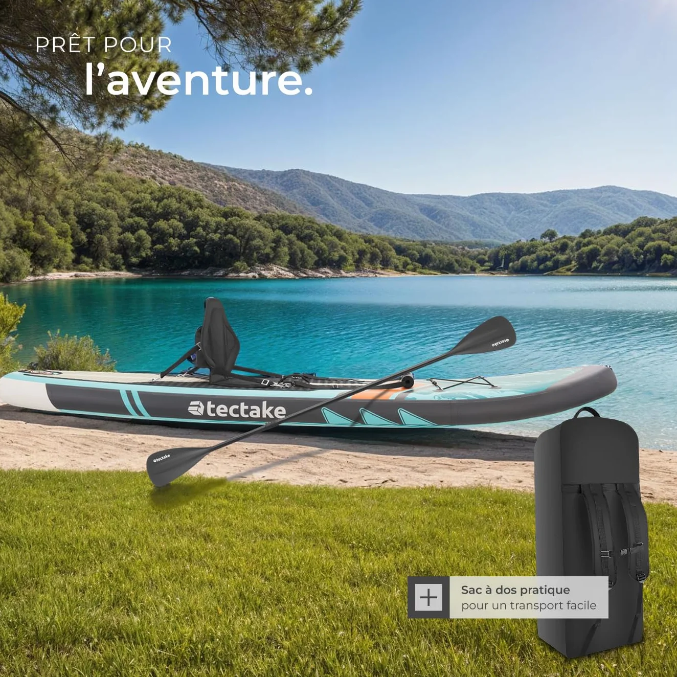 tectake® Planche de Stand-up Paddle Gonflable Adulte 2-en-1, Utilisable comme Kayak, Siege Paddle détachable, Pompe, 3 Ailerons, sac à dos, Pagaie double, Pagaie simple, Accessoires, Charge Max. 200kg