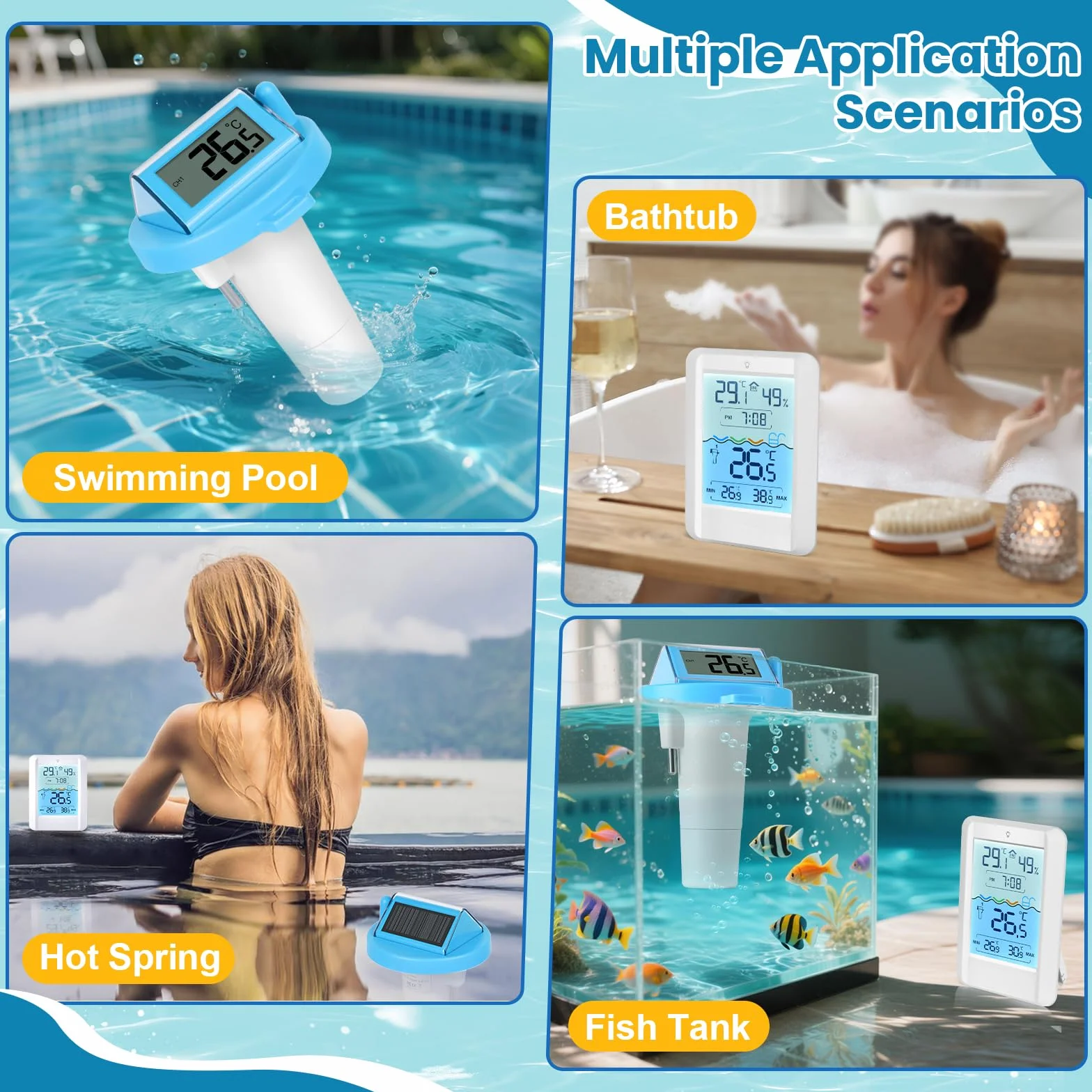 Thermomètre Piscine Solaire PATEMZON, Sans Fil Flottant avec Récepteur Radio LCD