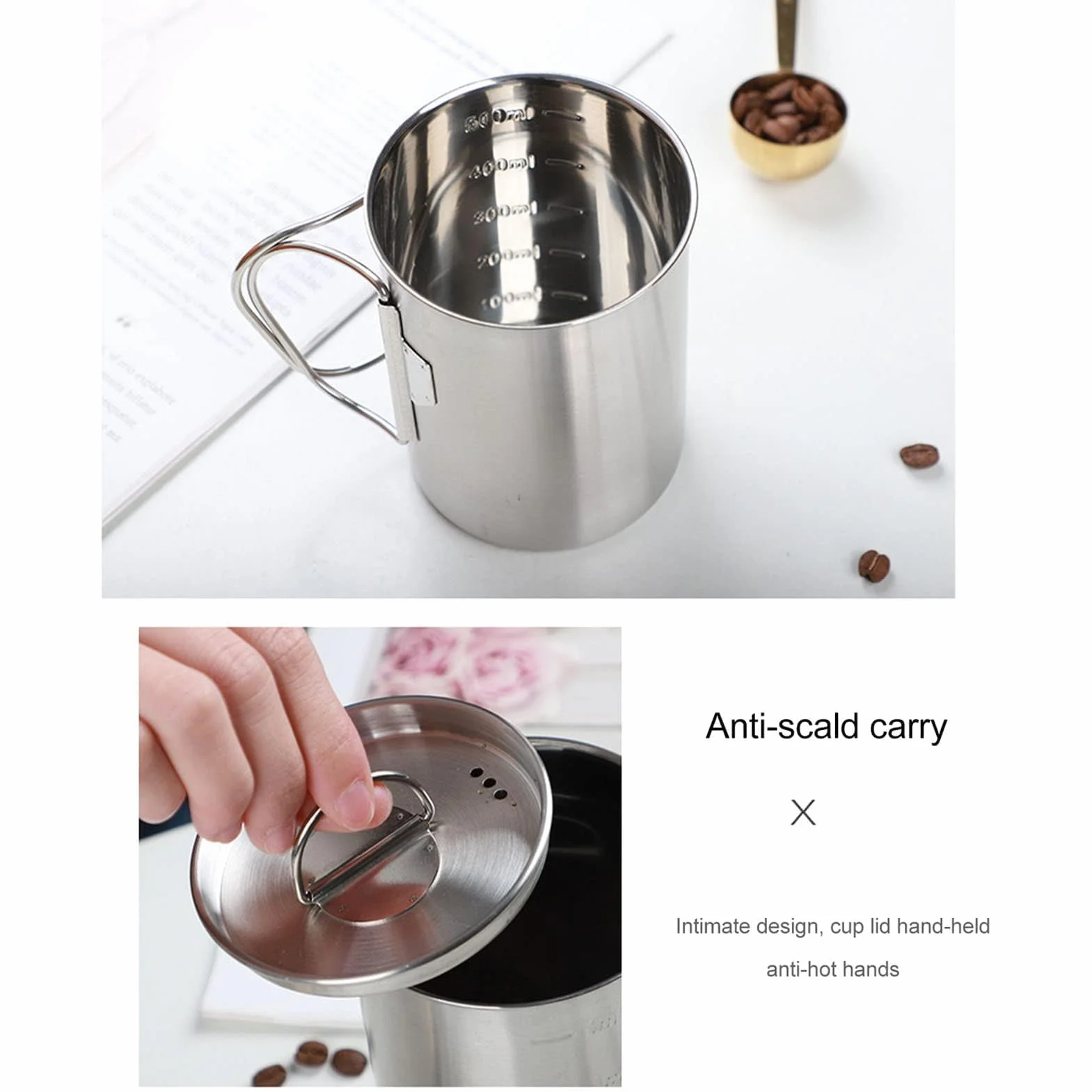 HERCHR 350ml Tasse de camping, tasse à eau en acier inoxydable avec poignées pliables et couvercle portable et résistante à la chaleur tasse à café isotherme pour le camping en plein air